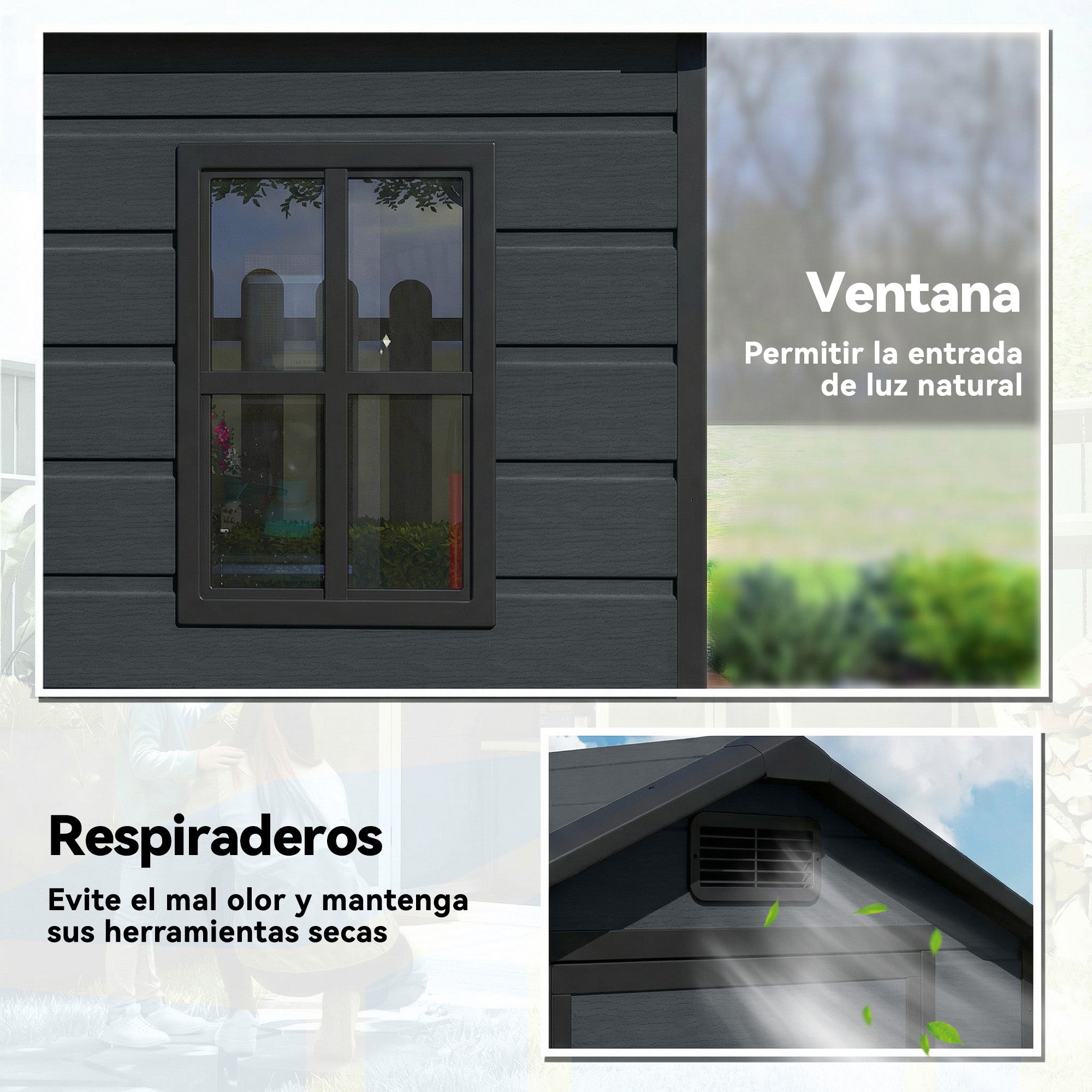 Outsunny Caseta de Jardín Exterior 1,09 m², 128x104x196 cm, Cobertizo de Jardín Exterior de Plástico con Suelo, Puerta con Cerradura, Ventana y Ventilación para Almacenaje de Herramientas, Gris Oscuro