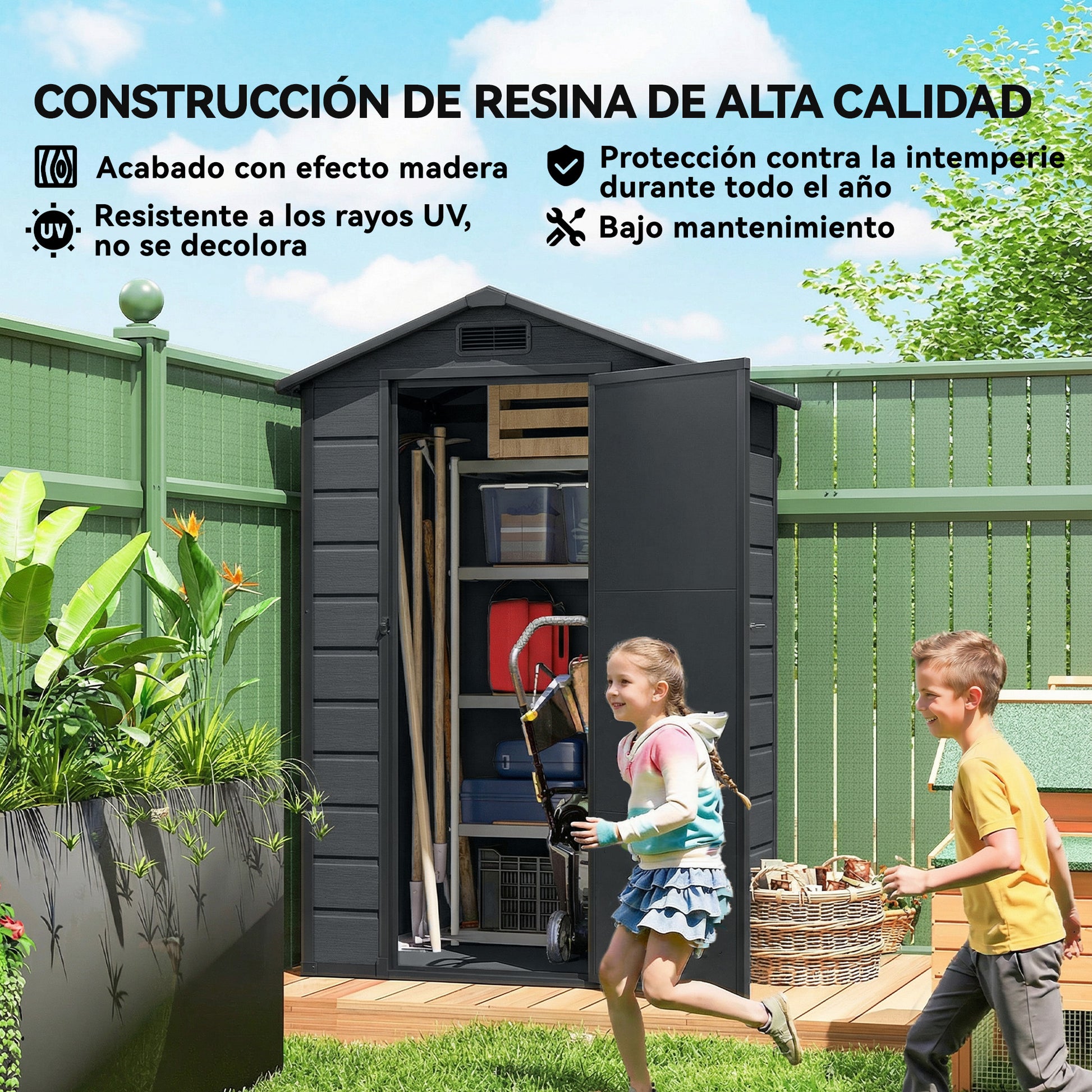 Outsunny Caseta de Jardín Exterior 1,09 m², 128x104x196 cm, Cobertizo de Jardín Exterior de Plástico con Suelo, Puerta con Cerradura, Ventana y Ventilación para Almacenaje de Herramientas, Gris Oscuro
