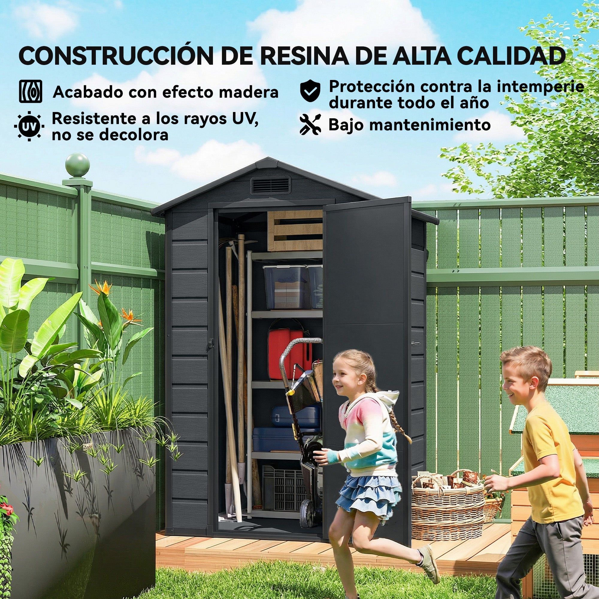 Outsunny Caseta de Jardín Exterior 1,09 m², 128x104x196 cm, Cobertizo de Jardín Exterior de Plástico con Suelo, Puerta con Cerradura, Ventana y Ventilación para Almacenaje de Herramientas, Gris Oscuro