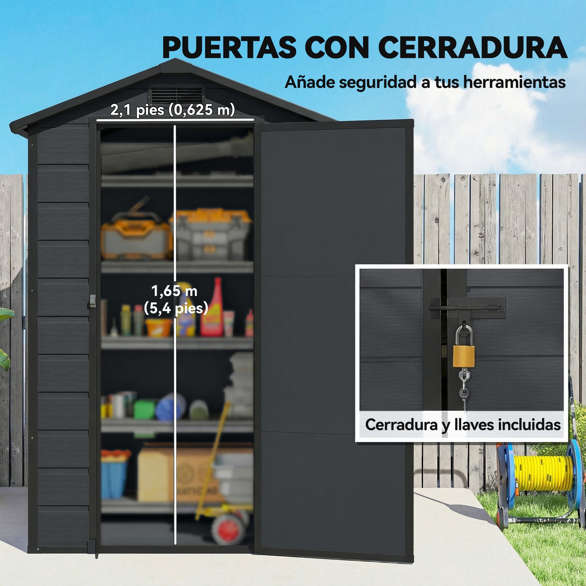 Outsunny Caseta de Jardín Exterior 1,09 m², 128x104x196 cm, Cobertizo de Jardín Exterior de Plástico con Suelo, Puerta con Cerradura, Ventana y Ventilación para Almacenaje de Herramientas, Gris Oscuro
