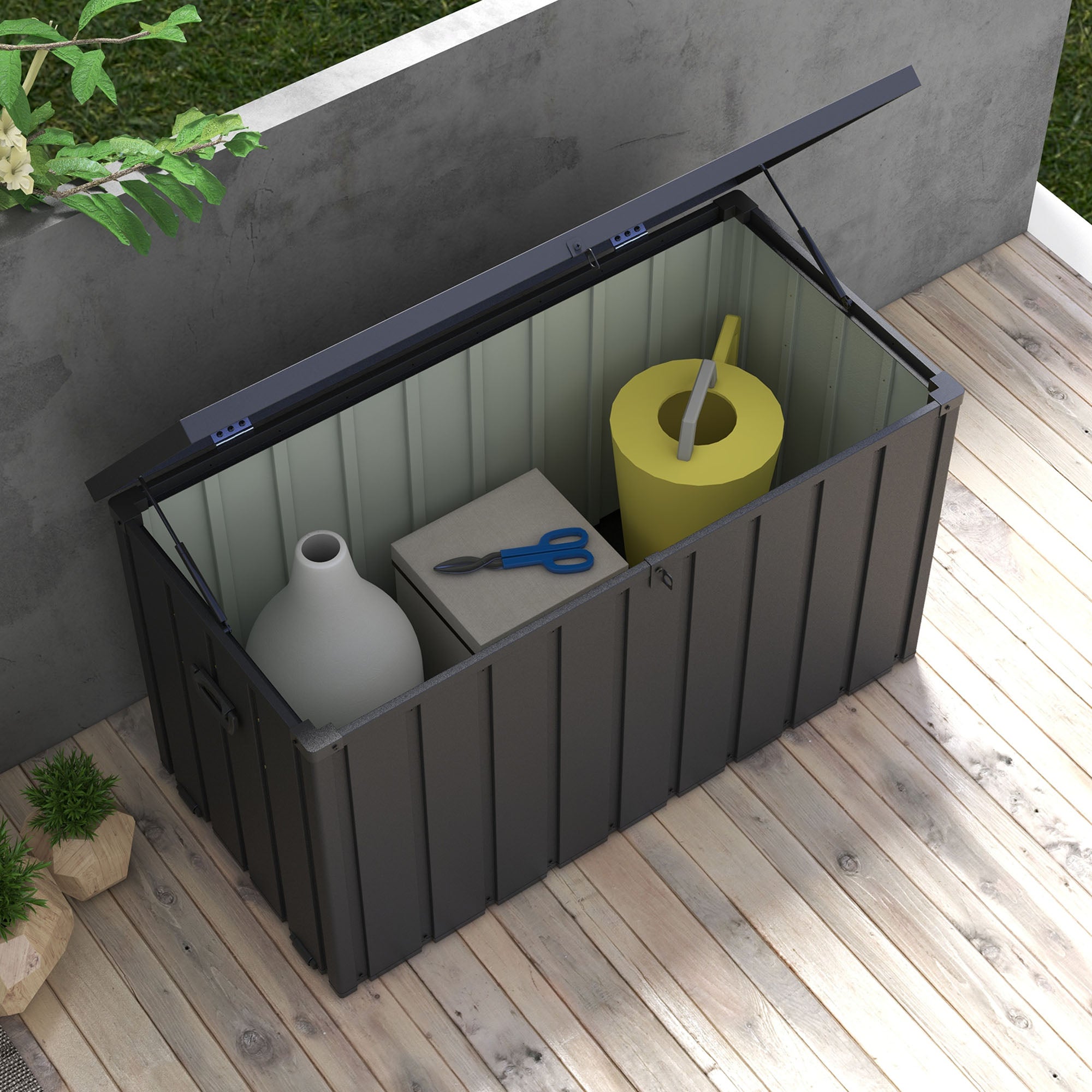Outsunny Arcón Exterior Capacidad 450L, Baúl Almacenaje Exterior de Acero con 4 Ruedas, 2 Asas y Tapa Bloqueable, Resistente a la Intemperie, para Jardín, Terraza, Patio, 125,5x61,5x70 cm, Gris Oscuro