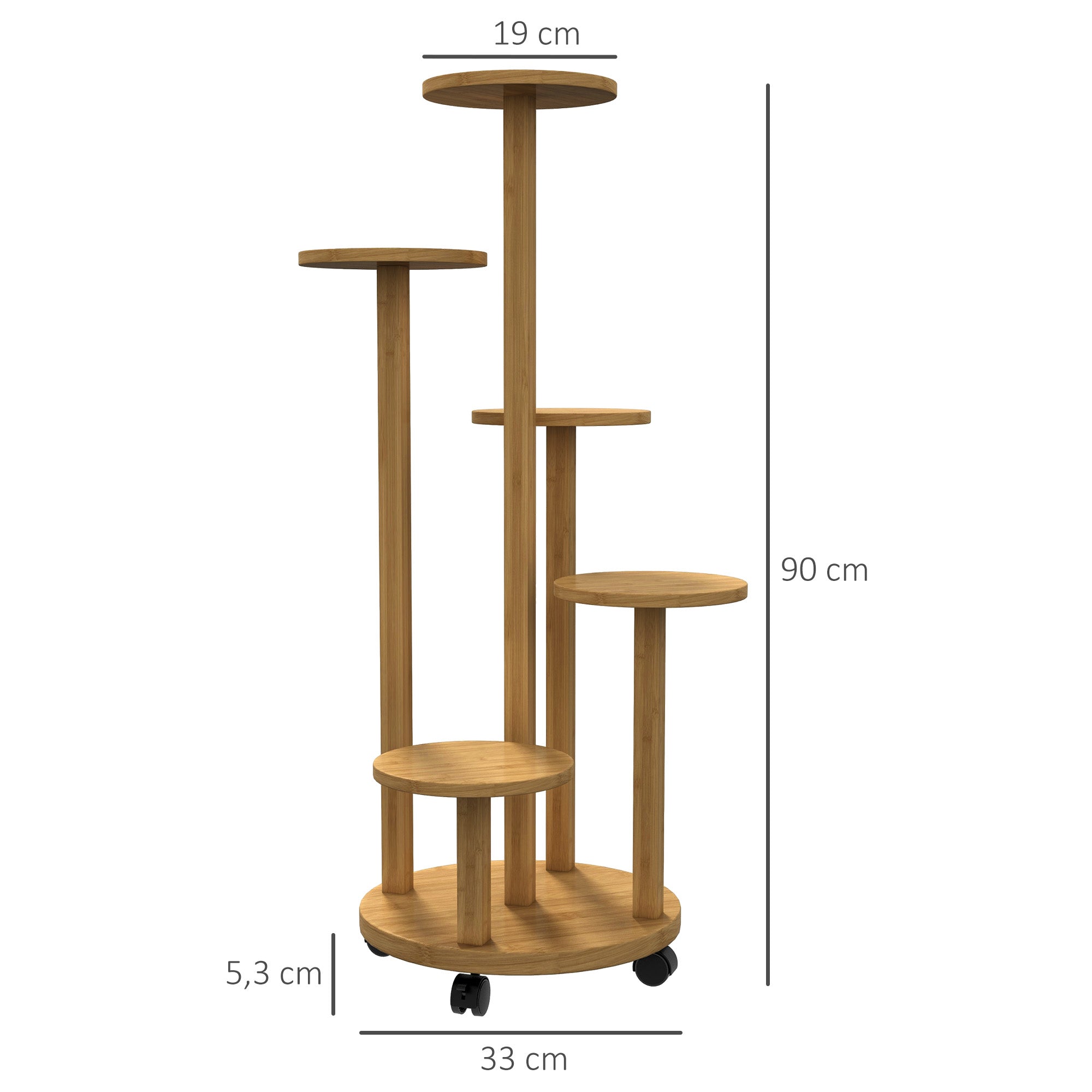 Outsunny Soporte para Plantas de Bambú con Ruedas de 5 Niveles, Estantería Redonda para Plantas para Esquina, Soporte para Macetas, Interior y Exterior, 33x33x90 cm, Natural
