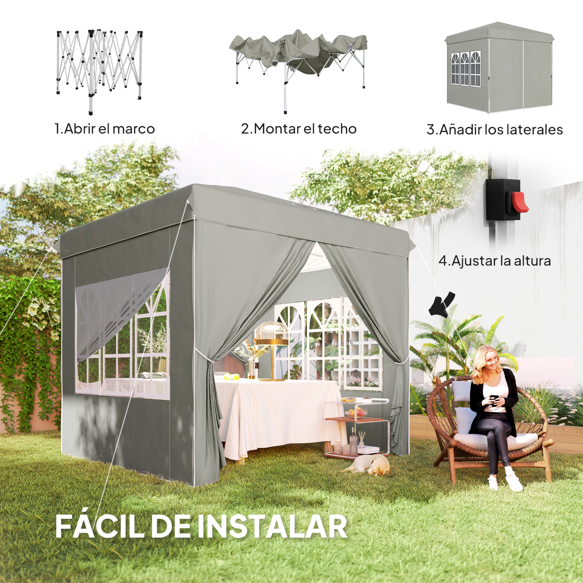 Outsunny Carpa Plegable Pop-up Gazebo 2,5x2,5 m Cenador Plegable con 4 Paredes Laterales Anti-UV y Bolsa de Transporte para Camping Fiestas, Gris