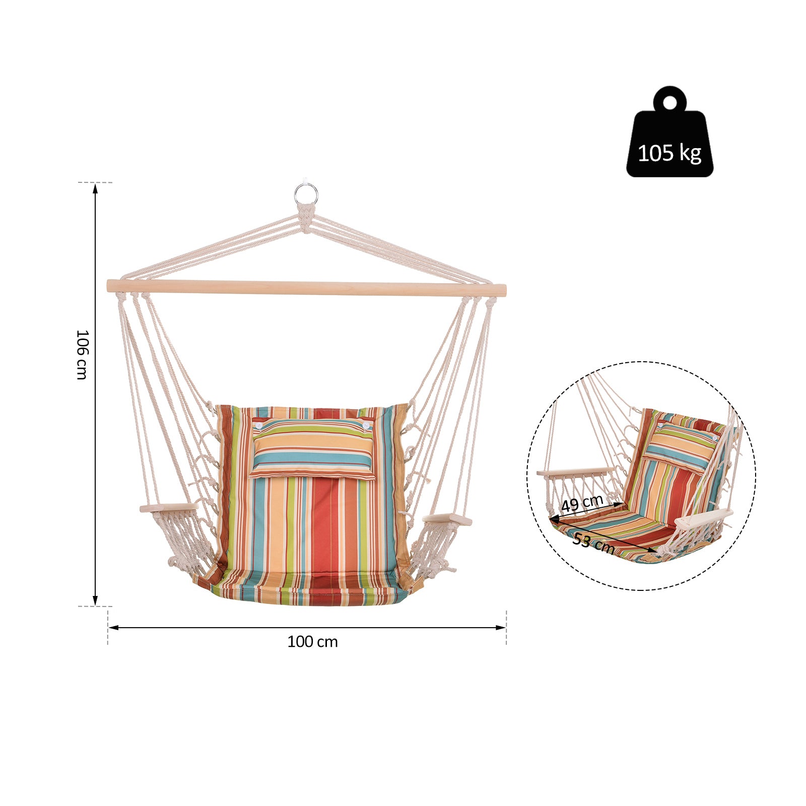 Outsunny Silla Colgante Estampado Rayas Hamaca con Cojín Reposacabezas para Interior Exterior 100x106 cm Carga Máx. 100 kg