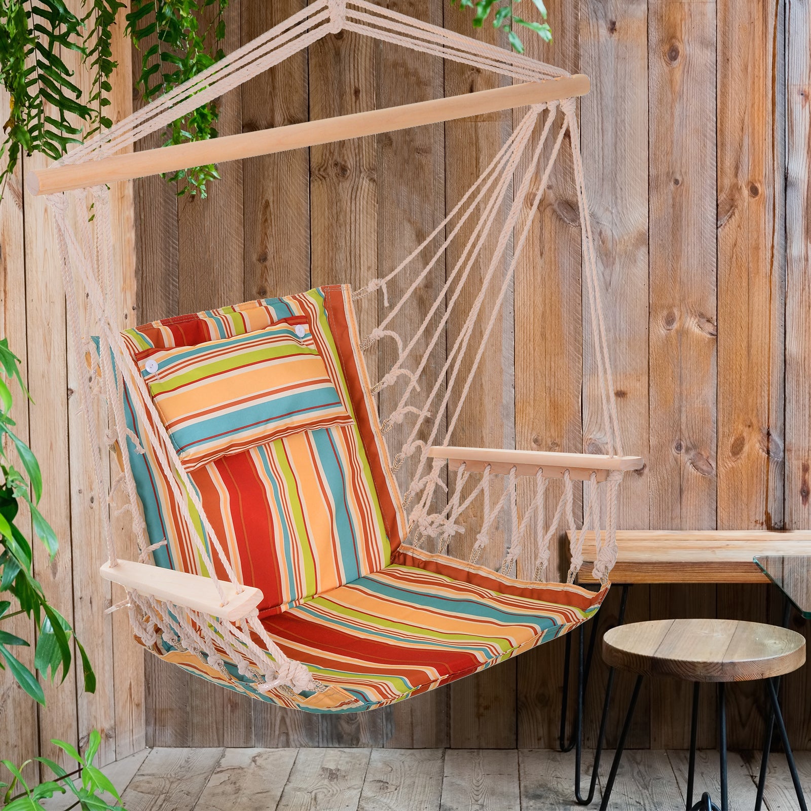 Outsunny Silla Colgante Estampado Rayas Hamaca con Cojín Reposacabezas para Interior Exterior 100x106 cm Carga Máx. 100 kg