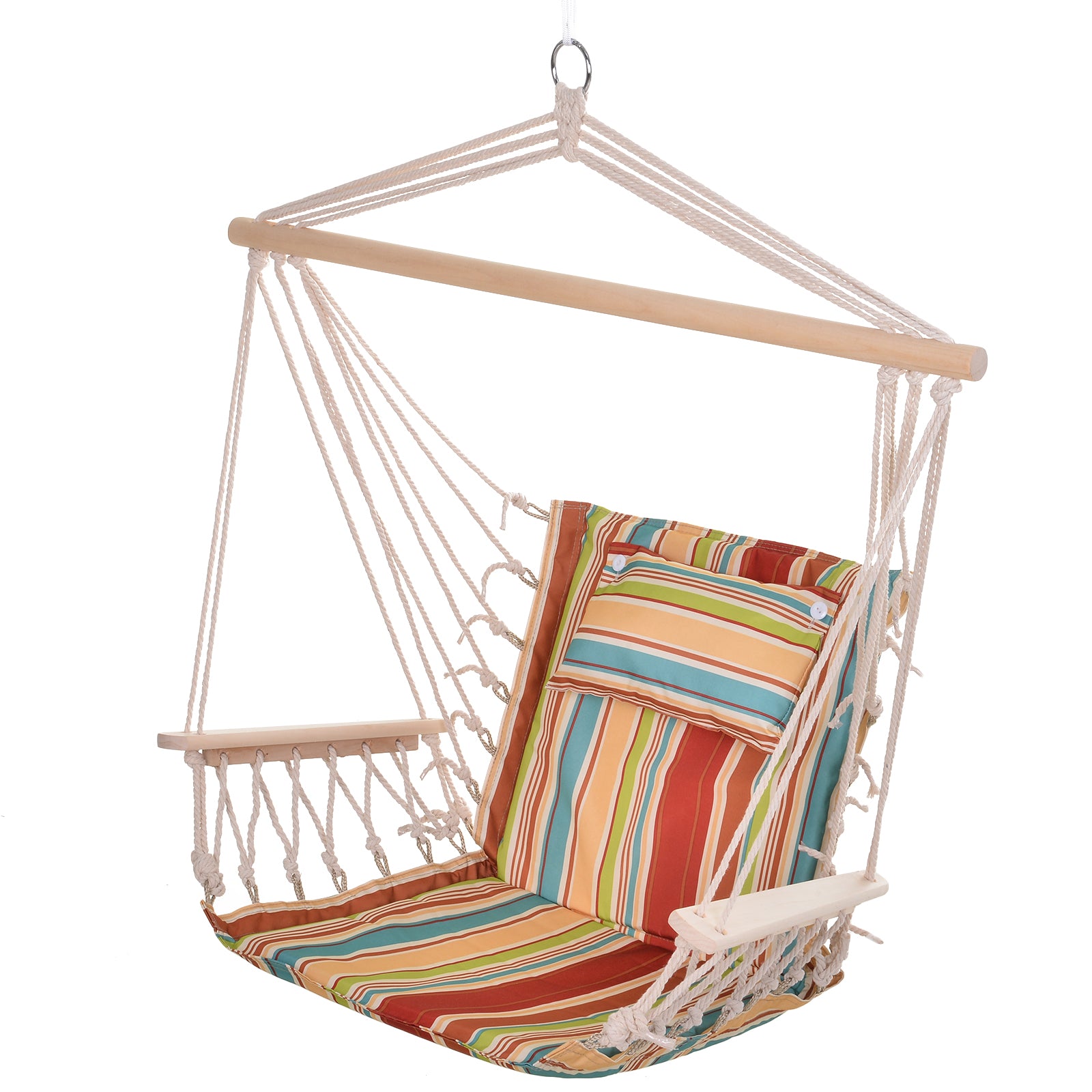 Outsunny Silla Colgante Estampado Rayas Hamaca con Cojín Reposacabezas para Interior Exterior 100x106 cm Carga Máx. 100 kg