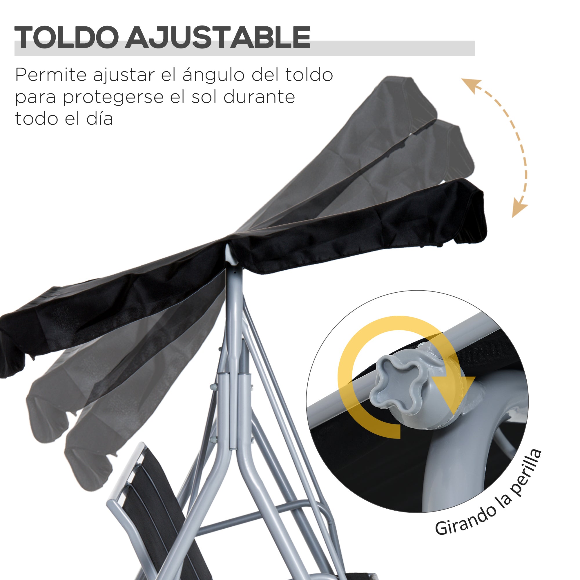 Outsunny Balancín Jardín Exterior Columpio Exterior de 3 Plazas con Toldo Ajustable Respaldo Transpirable y Marco de Metal para Terraza Balcón Carga 240 kg 171x108x154 cm Negro