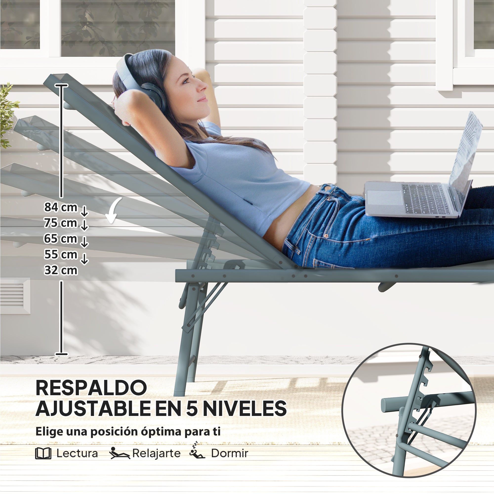 Outsunny Pack de 2 Tumbonas Jardín Exterior Tumbonas Plegables Reclinables en 5 Posiciones con Estructura Metálica y Asiento de Malla Transpirable para Playa Piscina 164x54x84 cm Gris Claro