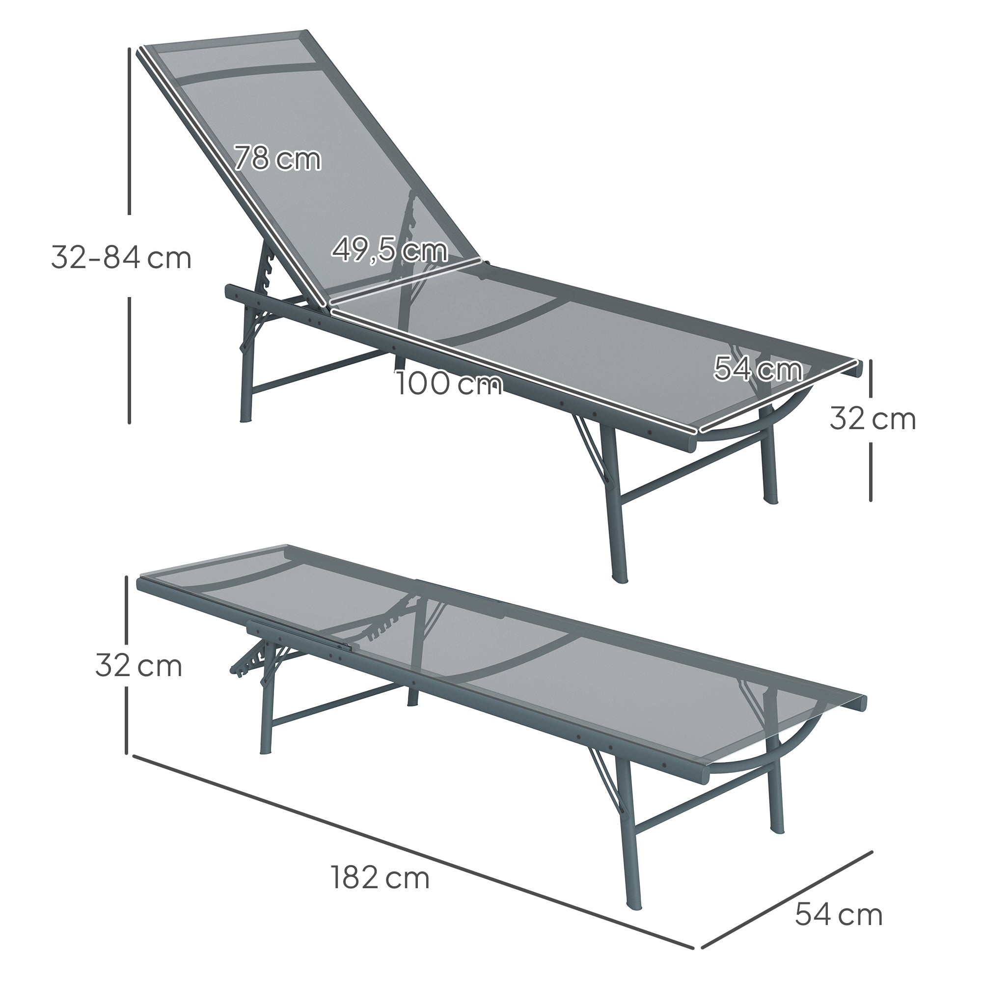 Outsunny Pack de 2 Tumbonas Jardín Exterior Tumbonas Plegables Reclinables en 5 Posiciones con Estructura Metálica y Asiento de Malla Transpirable para Playa Piscina 164x54x84 cm Gris Claro