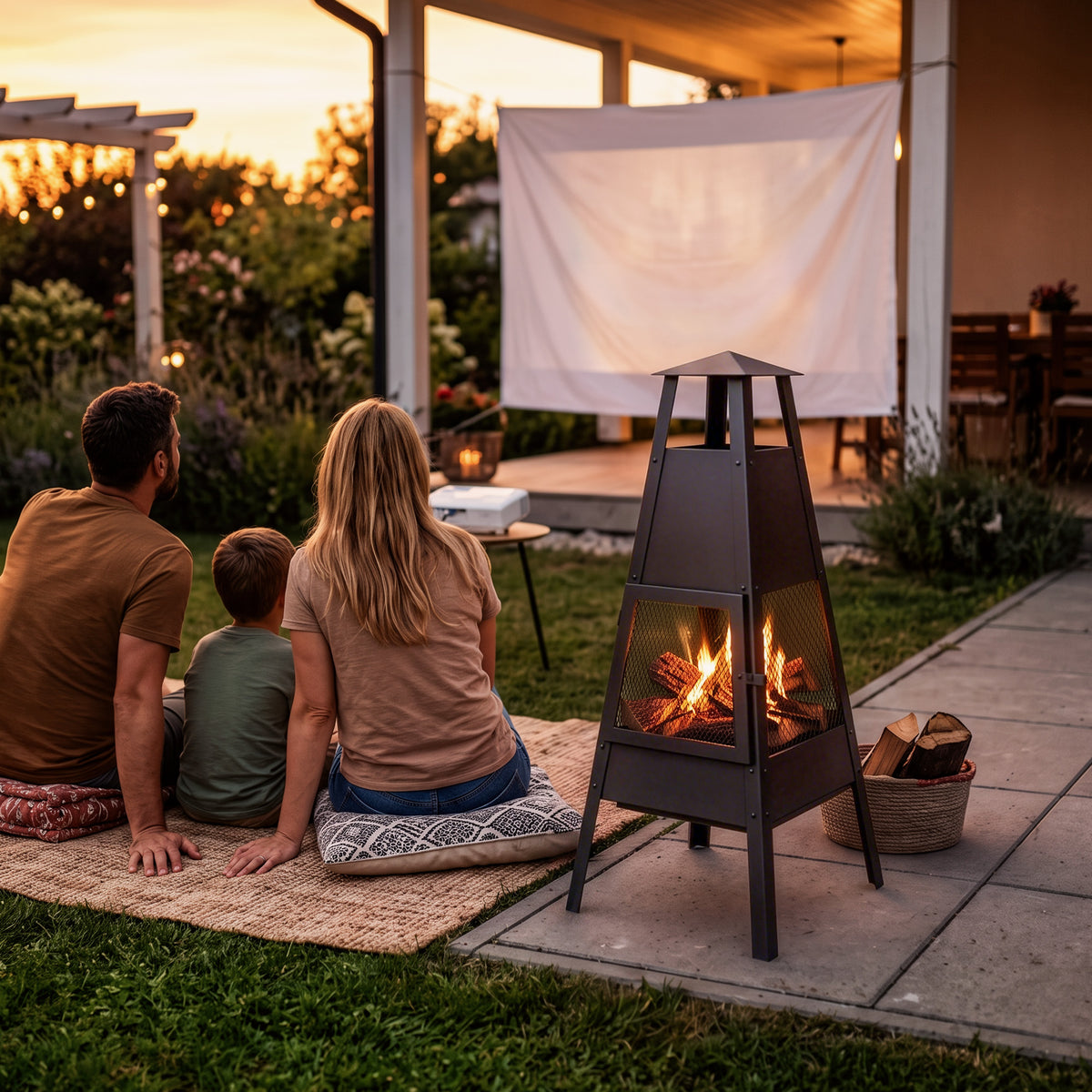Outsunny Brasero Exterior con Chimenea Cónica, 41x40,5x97 cm, Brasero Exterior Jardín de Acero al Carbono con Malla Protectora, para Patio, Terraza, Camping, Fiesta, Negro