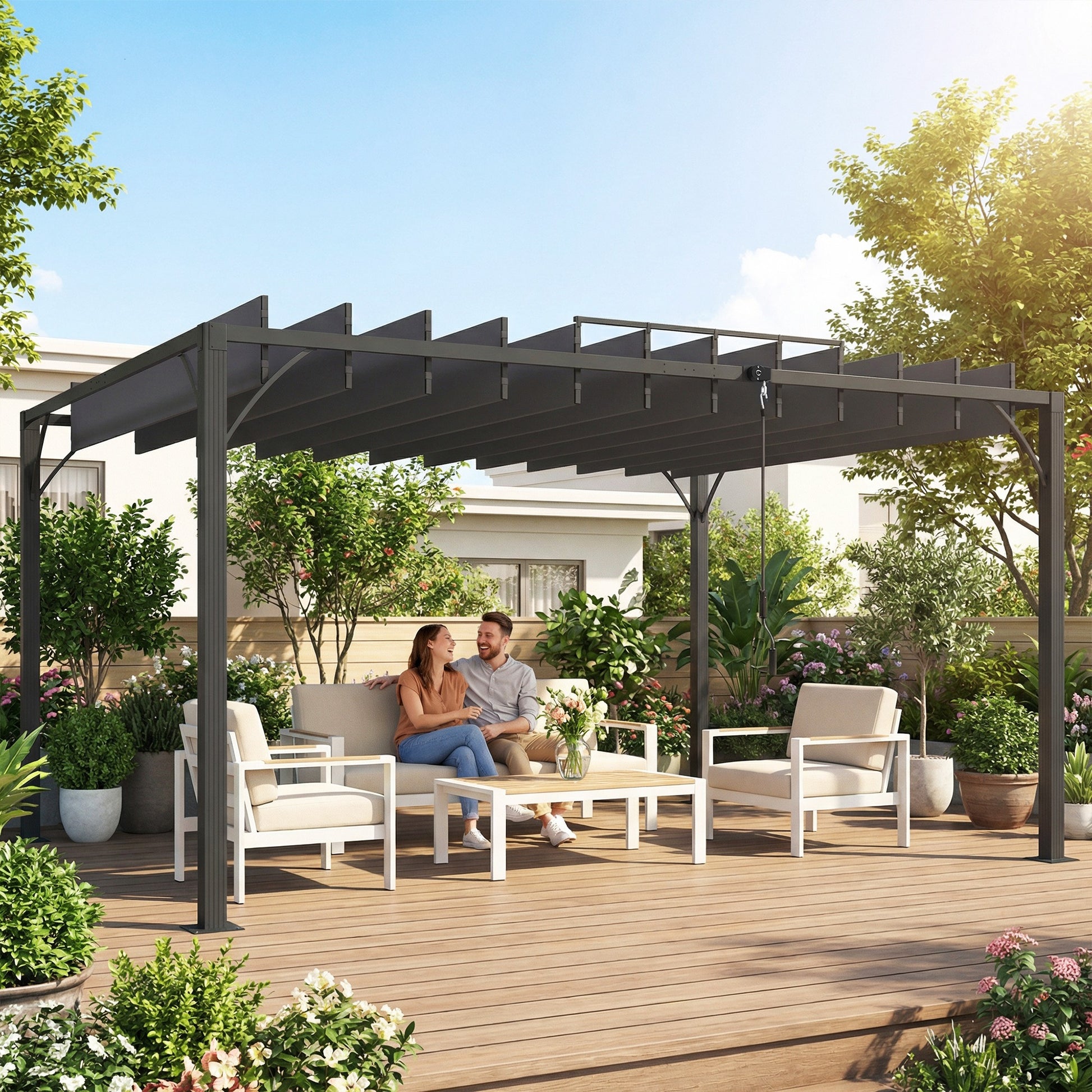 Outsunny Pérgola de Jardín 3x4 m, Cenador de Jardín con Techo de Lamas Orientables a 135°, Estructura de Aluminio, Protección UPF50+, Pabellón para Exterior, Patio, Terraza, Gris Oscuro
