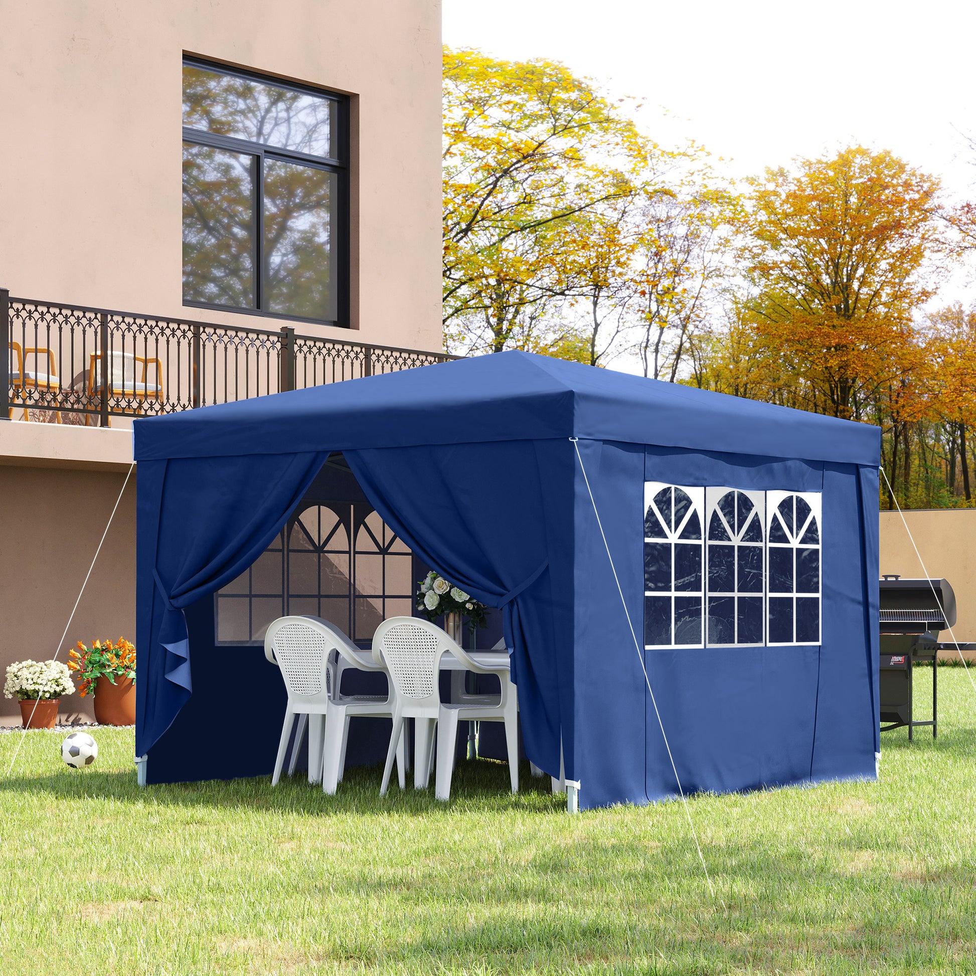 Outsunny Carpa Gazebo con Paredes Desmontables Ventanas Visibles Puerta con Cremallera Incluye Bolsa de Transporte Cuerdas y Piquetas 3x3 m Azul