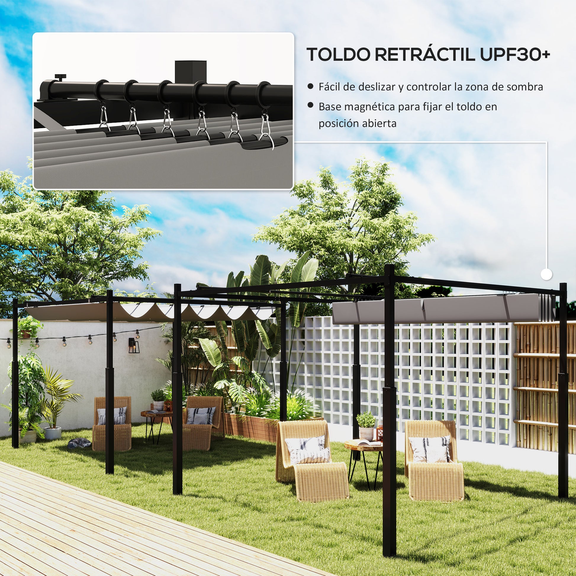 Outsunny Pérgola de Jardín 3x3 m con Techo Retráctil y Accesorio Magnético, Cenador de Jardín con Protección UV30+, Columnas Metálicas y Ganchos, Pabellón para Patio, Terraza, Exterior, Gris