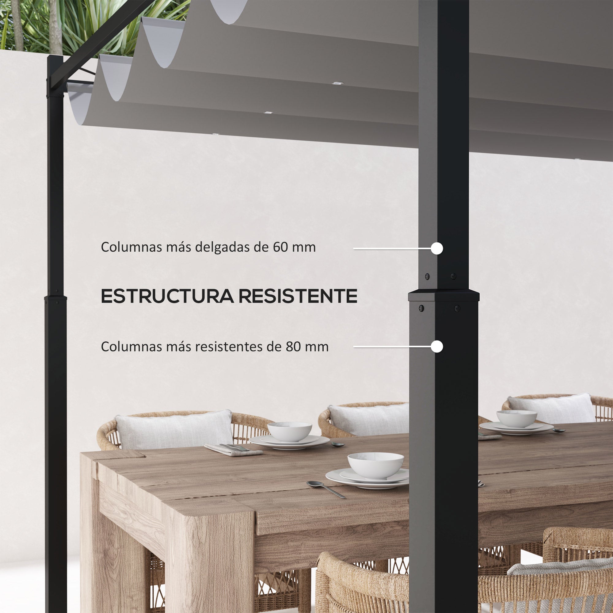 Outsunny Pérgola de Jardín 3x3 m con Techo Retráctil y Accesorio Magnético, Cenador de Jardín con Protección UV30+, Columnas Metálicas y Ganchos, Pabellón para Patio, Terraza, Exterior, Gris