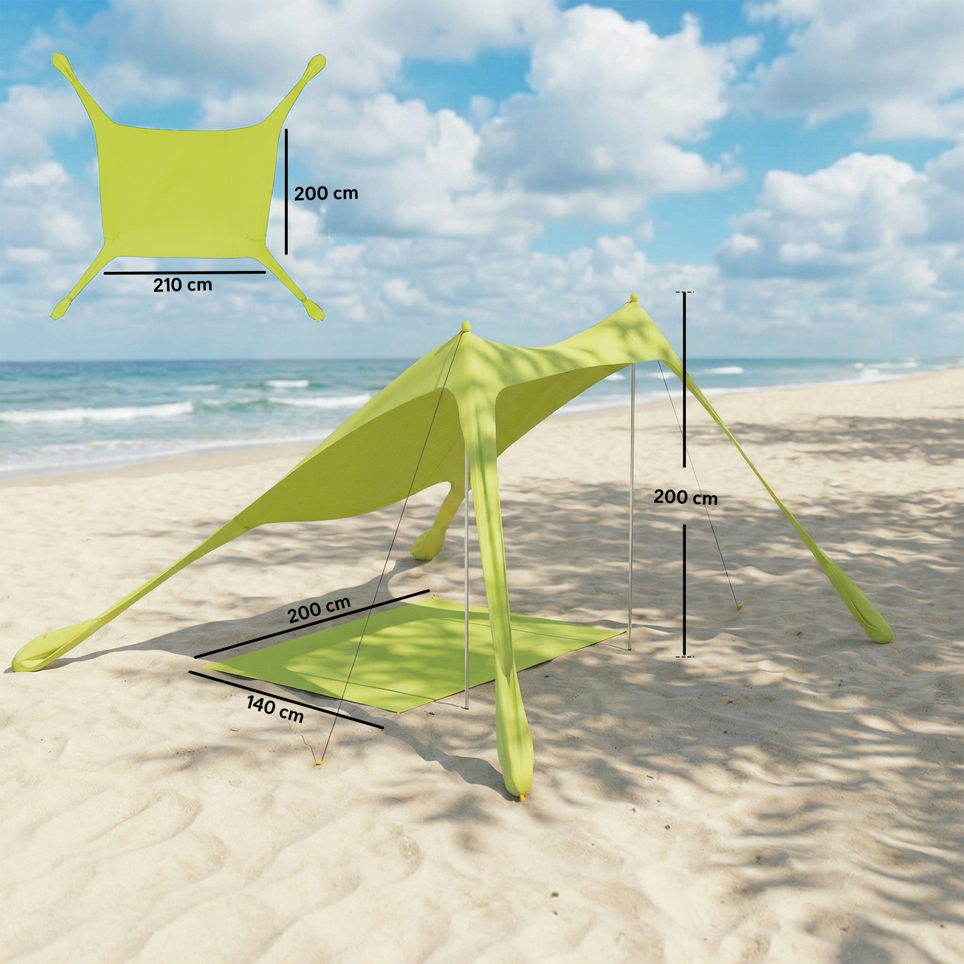 Outsunny Carpa Playa Plegable 208x200 cm, Toldo Playa Portátil para 2-4 Personas con Esterilla, UPF50+, Postes de Aluminio, Pala, Estacas y Bolsa de Transporte Impermeable, para Camping, Pesca, Verde
