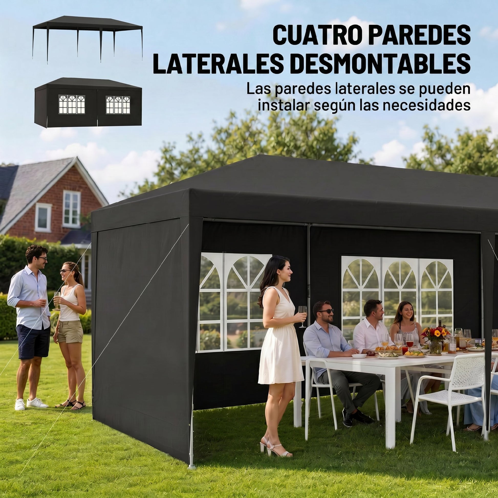 Outsunny Carpa de Jardín 6x3 m Cenador Pabellón de Jardín con 4 Paredes Laterales y 2 Ventanas Visibles, Marco de Acero, Anti-UV, Impermeable, Gazebo para Patio, Exterior, Camping, Gris Oscuro