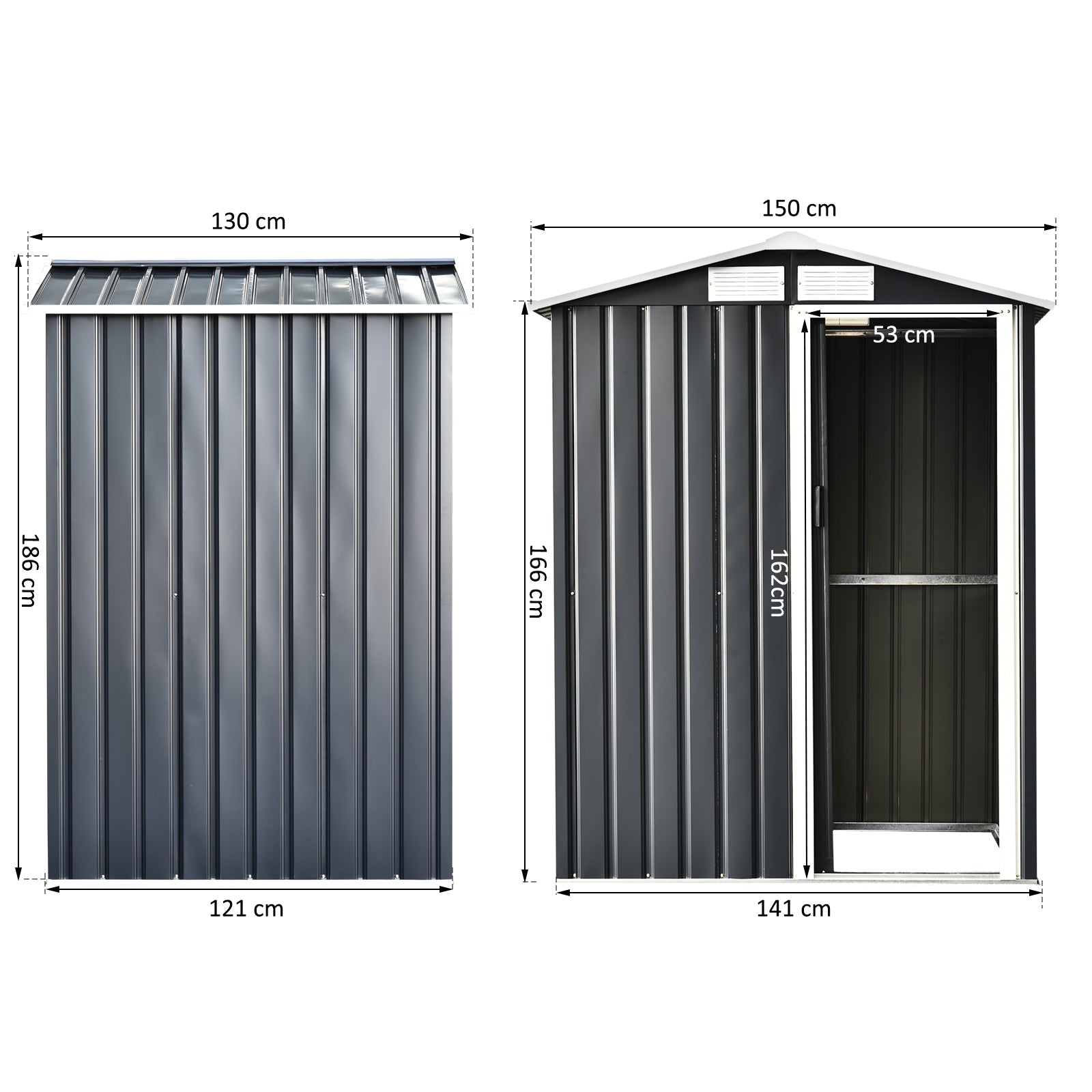 Outsunny Caseta de Jardín Metálica 150x130x186 cm Cobertizo para Almacenaje de Herramientas con Techo Inclinado 4 Ventilaciones para Terraza Exterior Gris y Blanco
