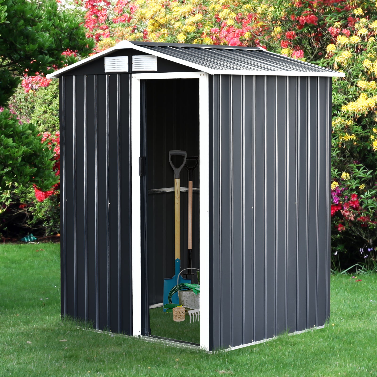 Outsunny Caseta de Jardín Metálica 150x130x186 cm Cobertizo para Almacenaje de Herramientas con Techo Inclinado 4 Ventilaciones para Terraza Exterior Gris y Blanco
