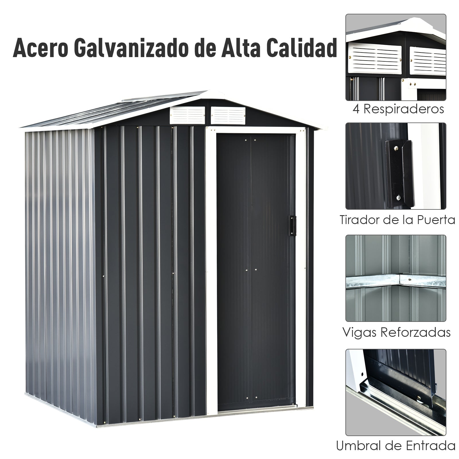 Outsunny Caseta de Jardín Metálica 150x130x186 cm Cobertizo para Almacenaje de Herramientas con Techo Inclinado 4 Ventilaciones para Terraza Exterior Gris y Blanco