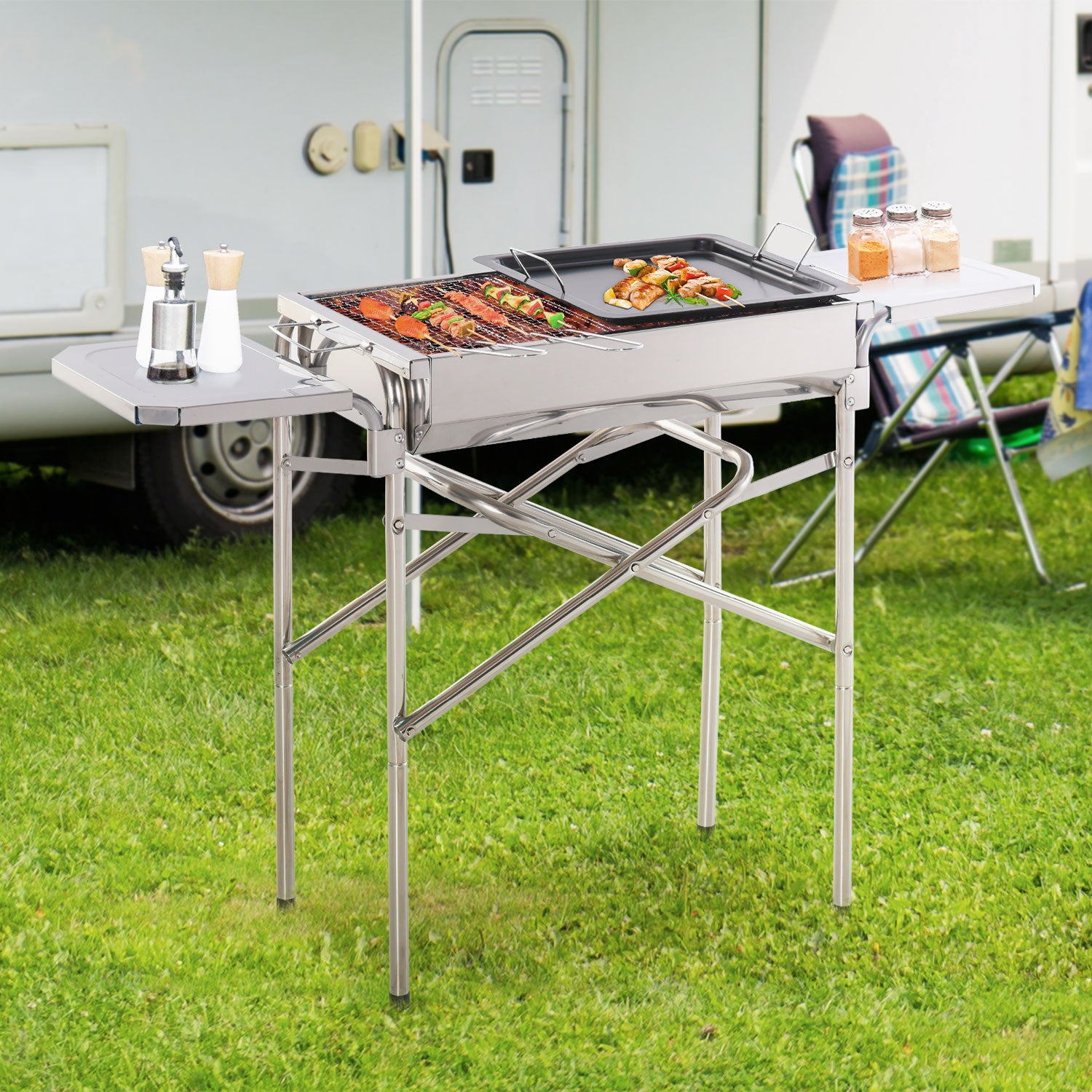 Outsunny Barbacoa de Carbón Portátil de Acero Inoxidable con 2 Estantes Laterales Bandeja y Parillas al Aire Libre para BBQ Camping Senderismo Picnics 104x30x68 cm Plata