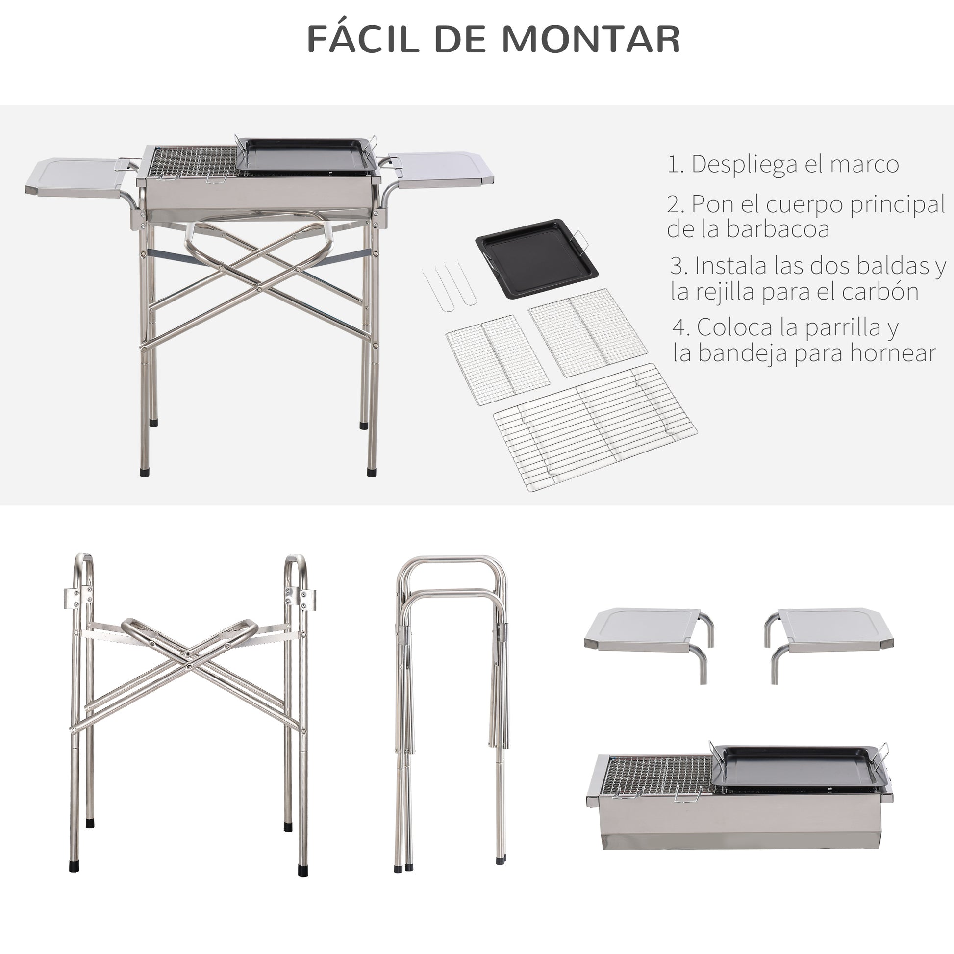 Outsunny Barbacoa de Carbón Portátil de Acero Inoxidable con 2 Estantes Laterales Bandeja y Parillas al Aire Libre para BBQ Camping Senderismo Picnics 104x30x68 cm Plata