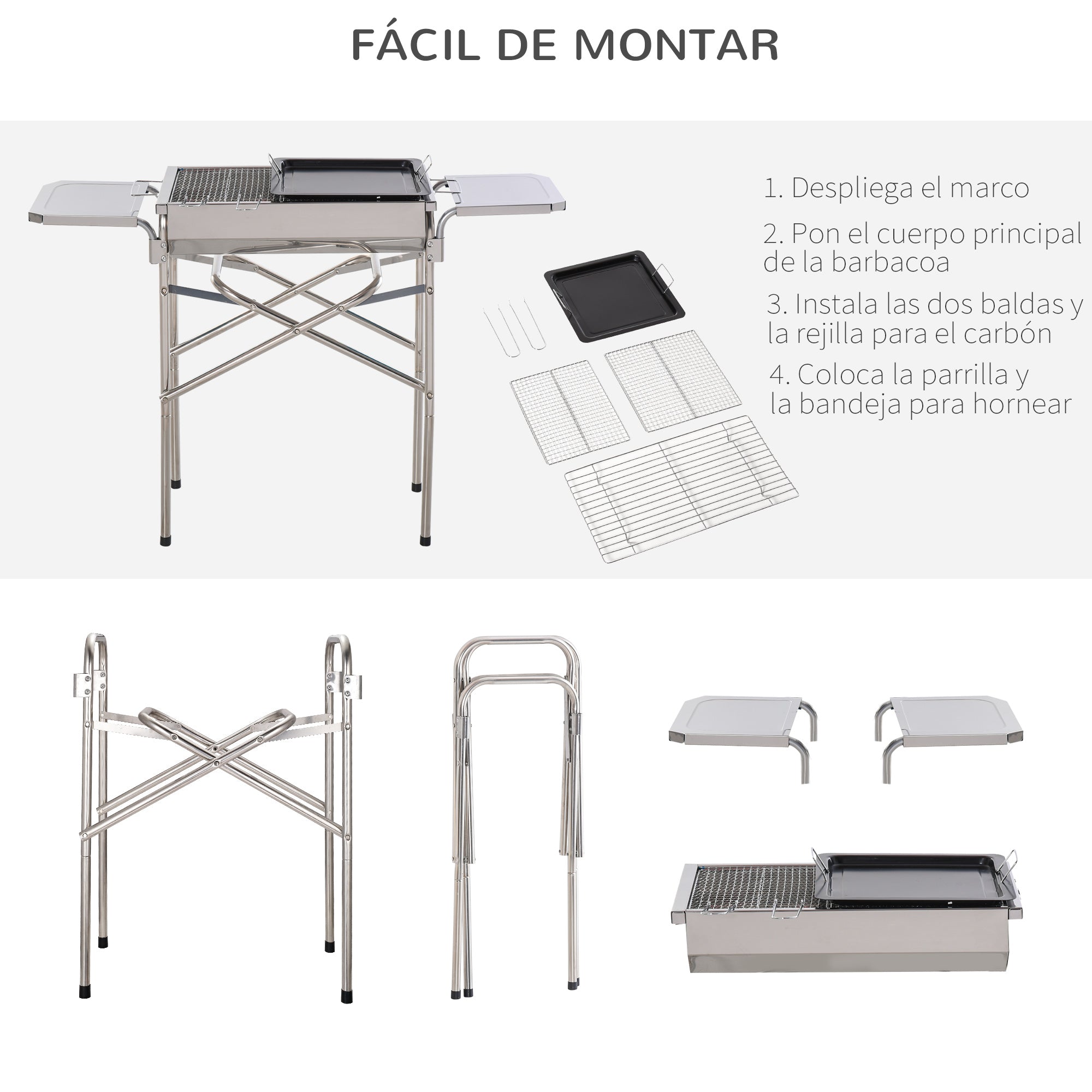 Outsunny Barbacoa de Carbón Portátil de Acero Inoxidable con 2 Estantes Laterales Bandeja y Parillas al Aire Libre para BBQ Camping Senderismo Picnics 104x30x68 cm Plata