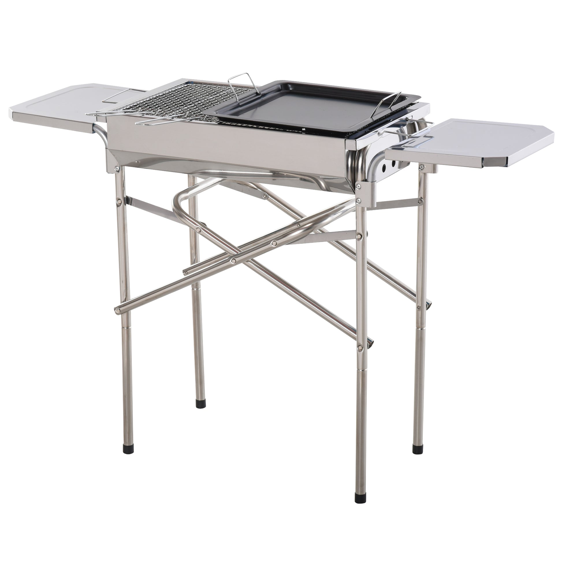Outsunny Barbacoa de Carbón Portátil de Acero Inoxidable con 2 Estantes Laterales Bandeja y Parillas al Aire Libre para BBQ Camping Senderismo Picnics 104x30x68 cm Plata
