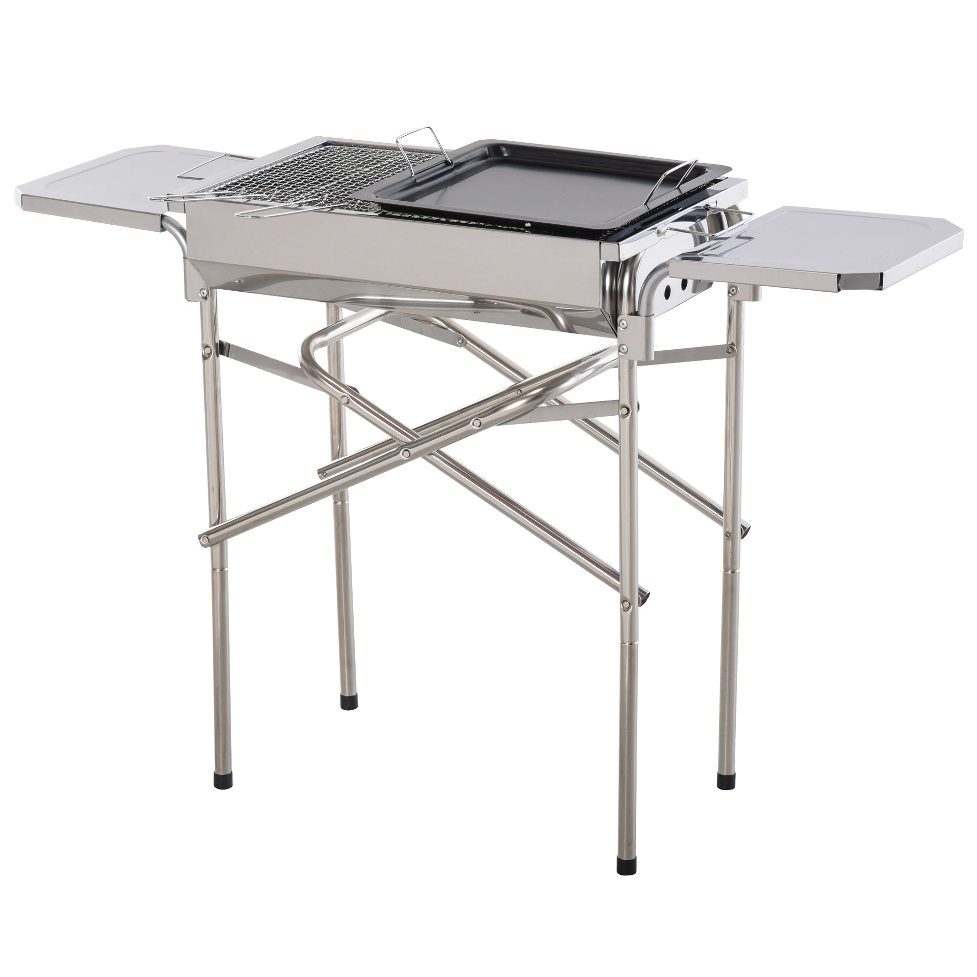 Outsunny Barbacoa de Carbón Portátil de Acero Inoxidable con 2 Estantes Laterales Bandeja y Parillas al Aire Libre para BBQ Camping Senderismo Picnics 104x30x68 cm Plata