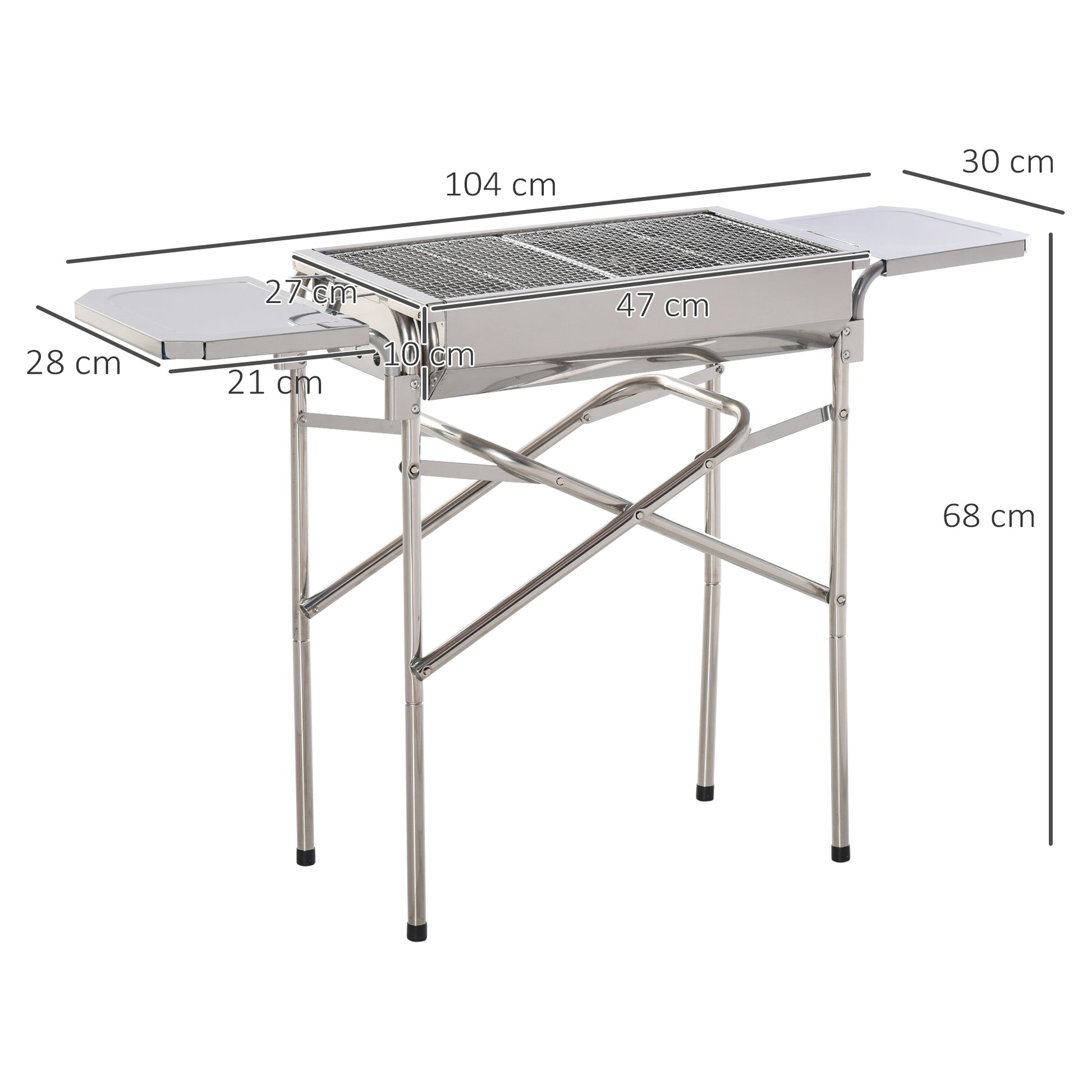 Outsunny Barbacoa de Carbón Portátil de Acero Inoxidable con 2 Estantes Laterales Bandeja y Parillas al Aire Libre para BBQ Camping Senderismo Picnics 104x30x68 cm Plata