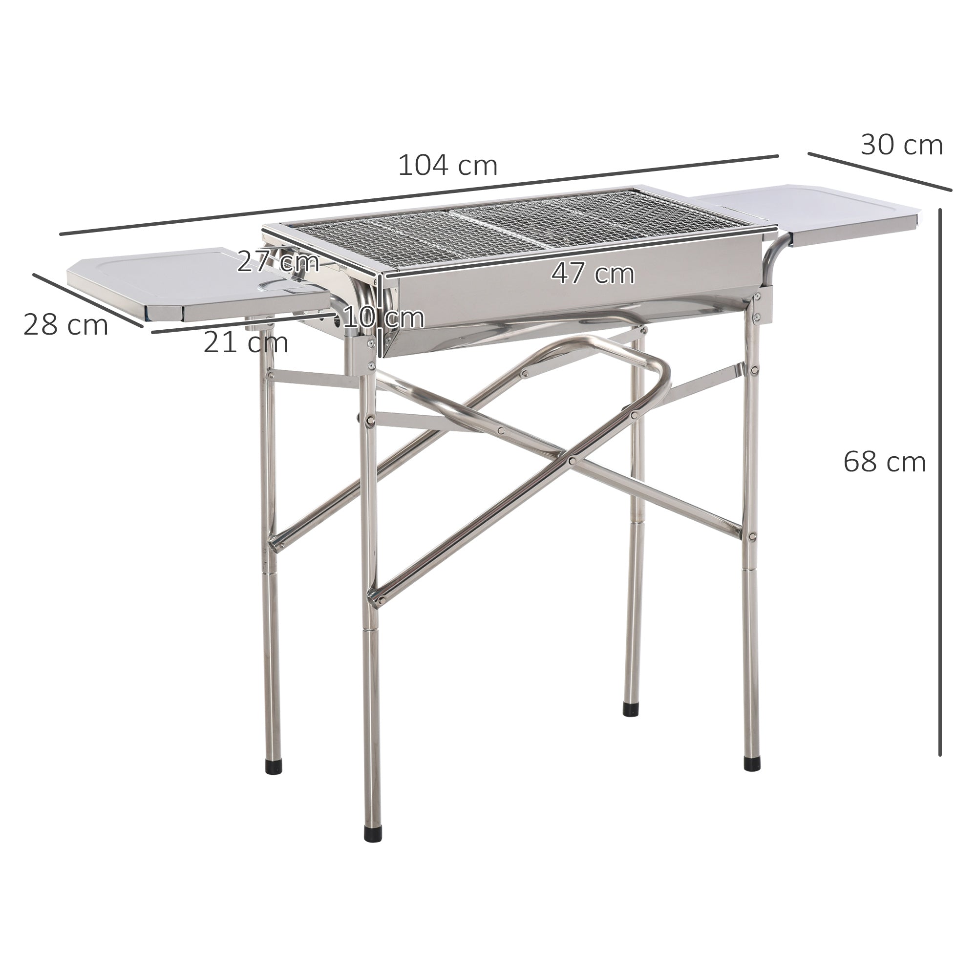 Outsunny Barbacoa de Carbón Portátil de Acero Inoxidable con 2 Estantes Laterales Bandeja y Parillas al Aire Libre para BBQ Camping Senderismo Picnics 104x30x68 cm Plata