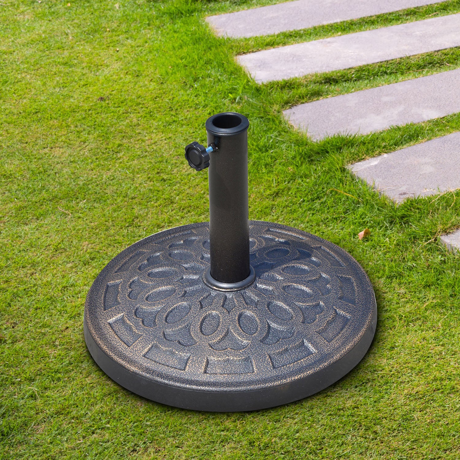 Outsunny Base para Sombrilla de Jardín Peso Neto 12 kg Soporte de Parasol Redondo de Resina para Postes de 38mm/48mm para Terraza Patio Exterior Ø44x34 cm Bronce