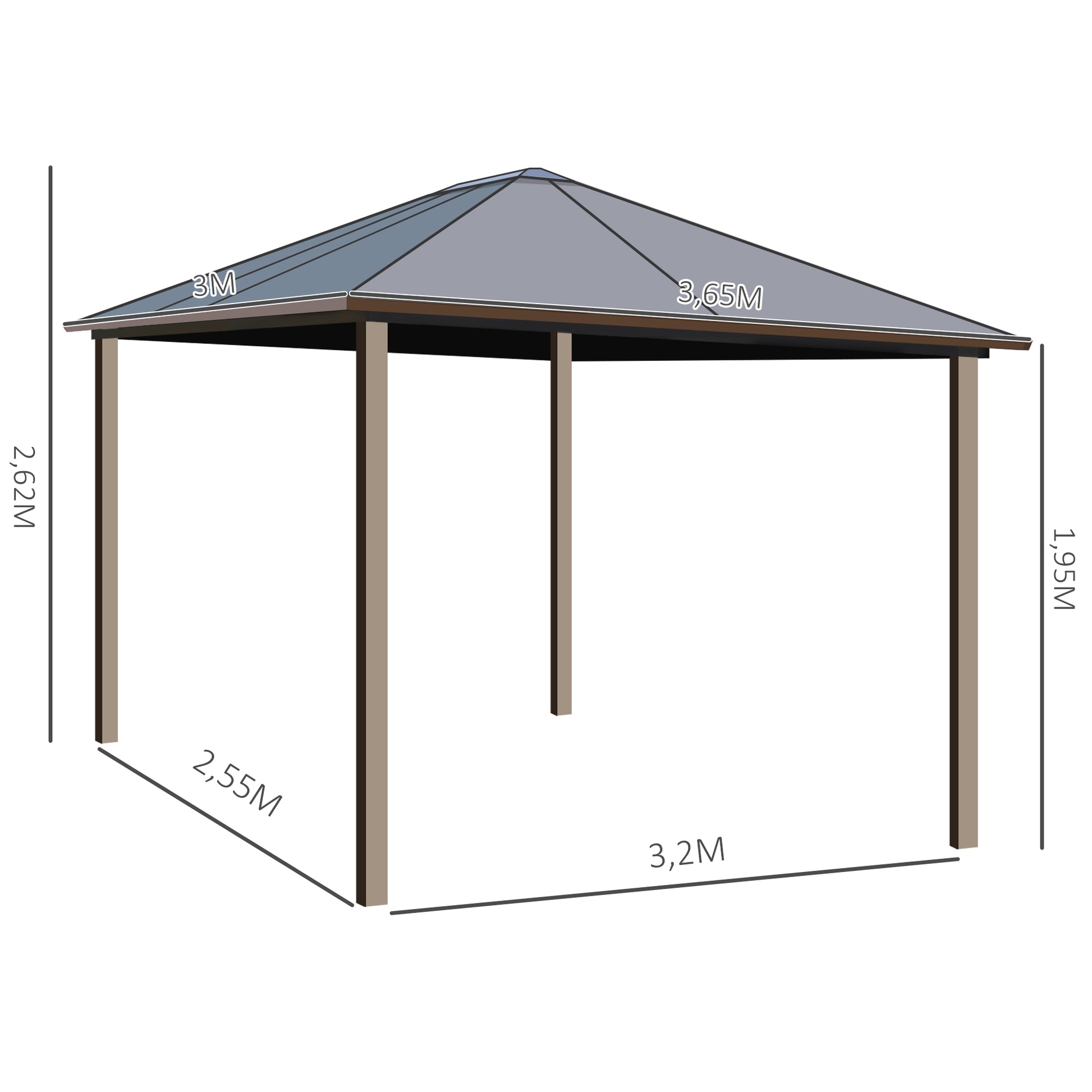 Outsunny Cenador de Jardín 300x365 cm Marco de Aluminio con Cortinas de Doble Capa y Techo Metálico para Reunión Familar Fiestas Bodas Negro y Marrón