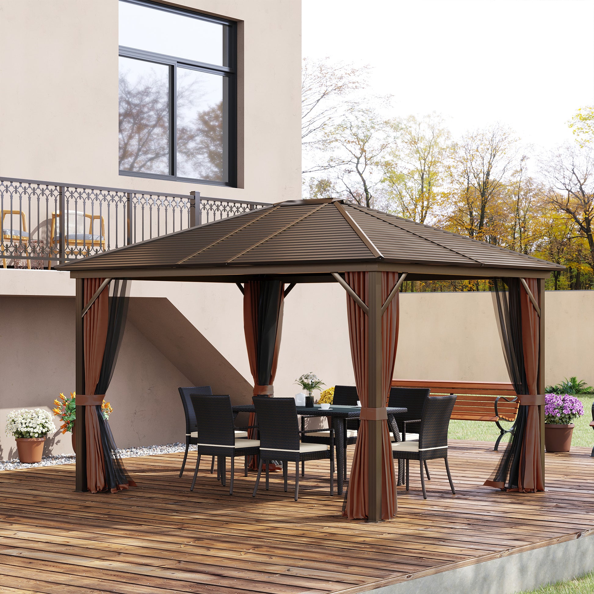 Outsunny Cenador de Jardín 300x365 cm Marco de Aluminio con Cortinas de Doble Capa y Techo Metálico para Reunión Familar Fiestas Bodas Negro y Marrón