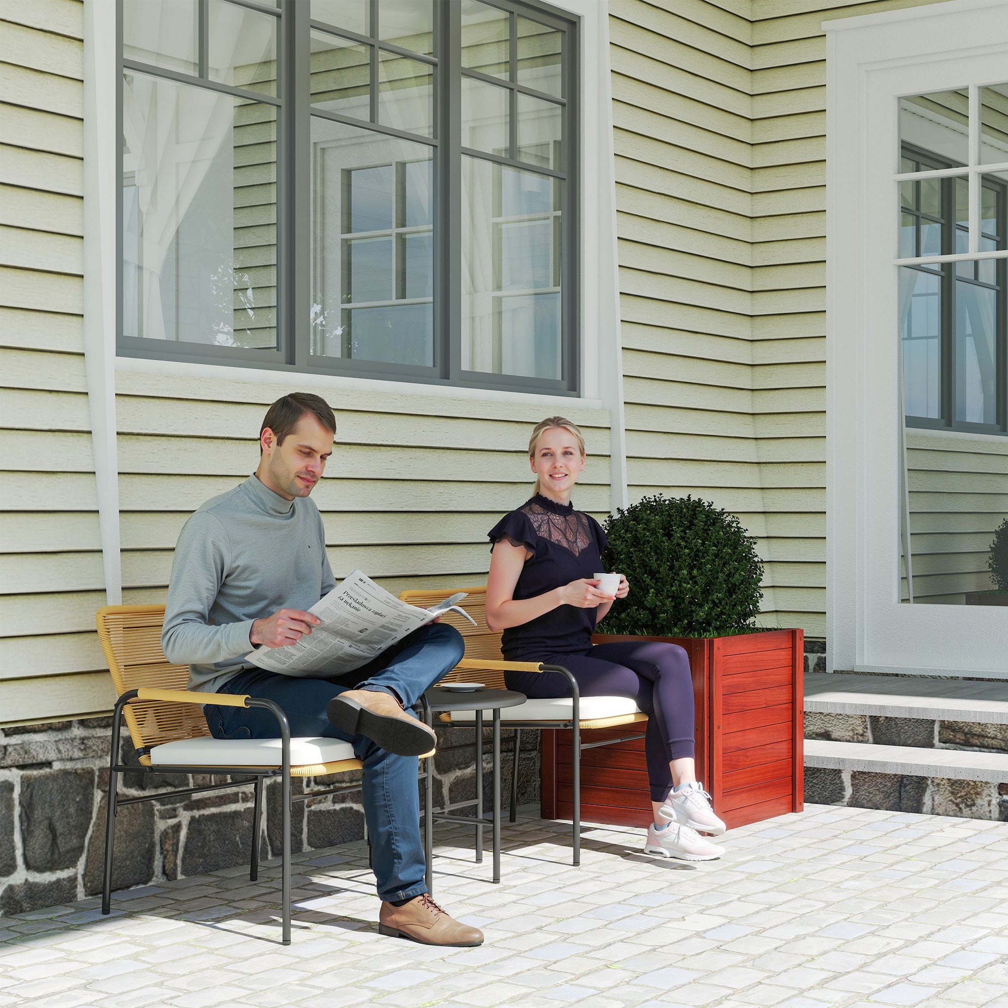 Outsunny Conjunto de Jardín Exterior de 3 Piezas Muebles de Jardín con 2 Sillas con Cojines Extraíbles Lavables y Mesa de Terraza con Tablero de Metal Resistente para Balcón Patio Natural y Crema