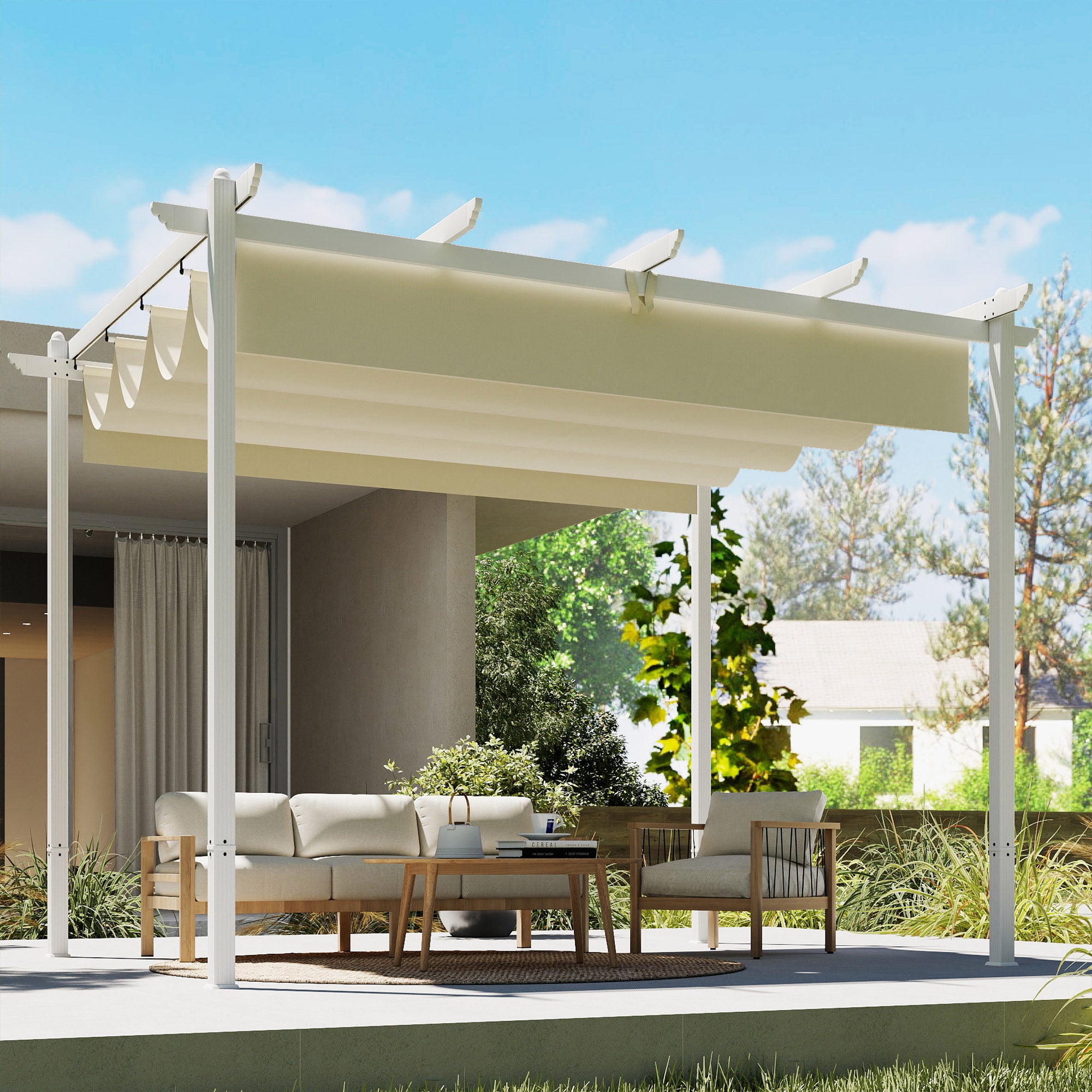 Outsunny Pérgola de Jardín 4x3 m con Techo Retráctil, Cenador de Jardín con Protección UPF30+, Orificios de Drenaje, Estructura Metálica, Pabellón para Patio, Terraza, Exterior, Beige