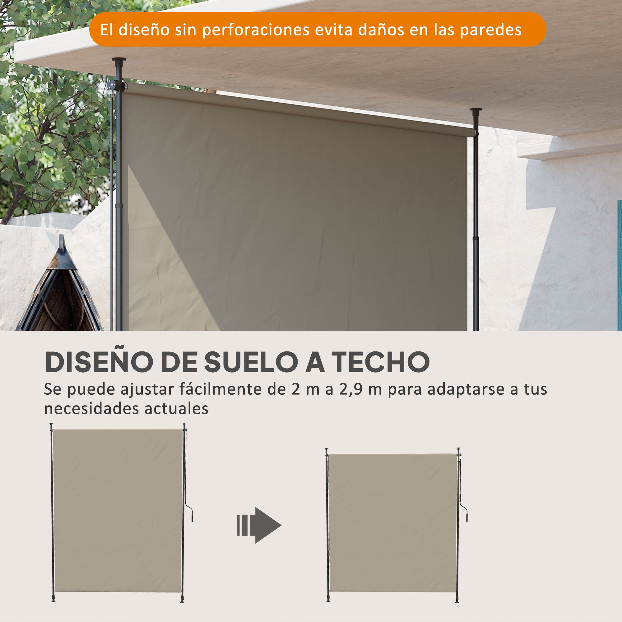 Outsunny Toldo Vertical Exterior 200x305 cm, Pantalla de Privacidad Enrollable, Toldo Lateral Ajustable con Manivela, Protección UV 40+ e Impermeable, Sin Taladro, para Balcón, Jardín, Arena