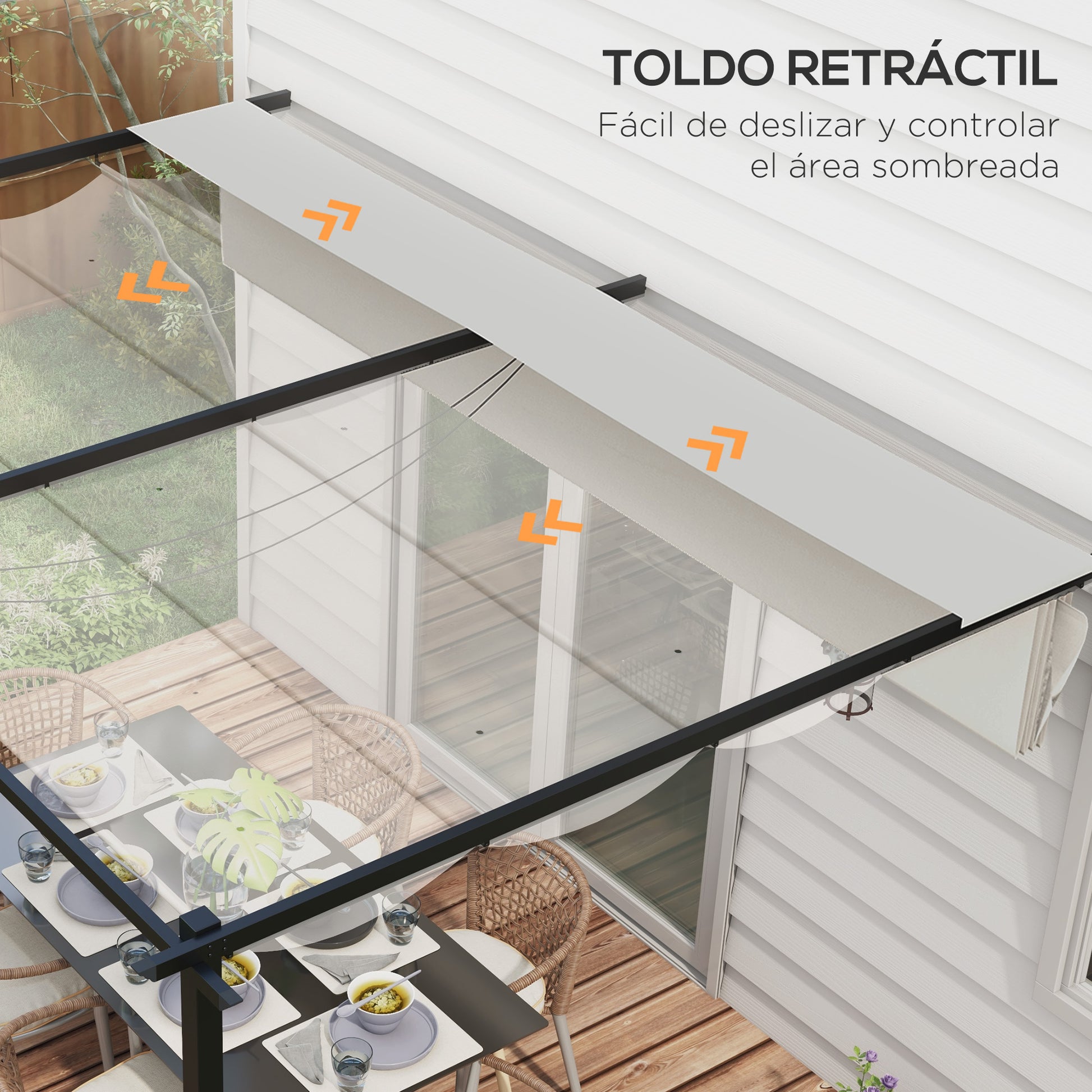 Outsunny Pérgola de Pared de Jardín 4x3 m Gazebo Exterior Cenador con Techo Retráctil Tela de Poliéster y Marco de Acero para Patio Terraza Balcón Crema