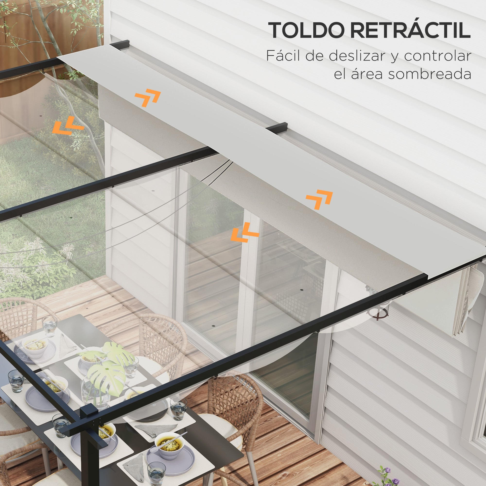 Outsunny Pérgola de Pared de Jardín 4x3 m Gazebo Exterior Cenador con Techo Retráctil Tela de Poliéster y Marco de Acero para Patio Terraza Balcón Crema