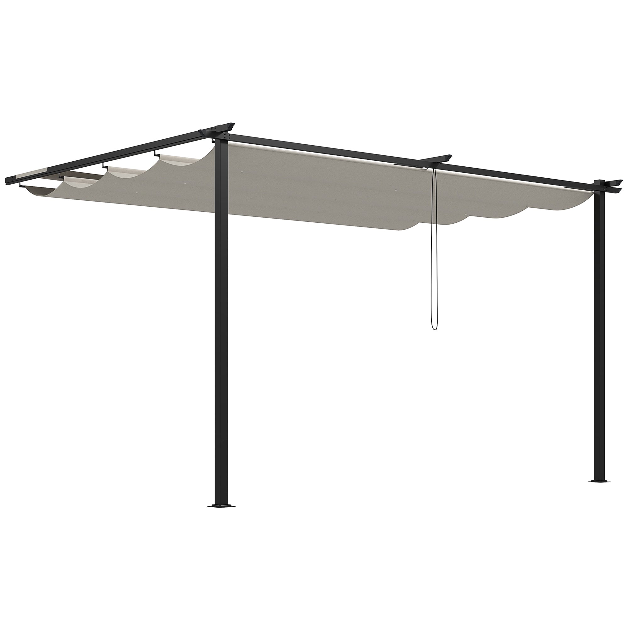 Outsunny Pérgola de Pared de Jardín 4x3 m Gazebo Exterior Cenador con Techo Retráctil Tela de Poliéster y Marco de Acero para Patio Terraza Balcón Crema
