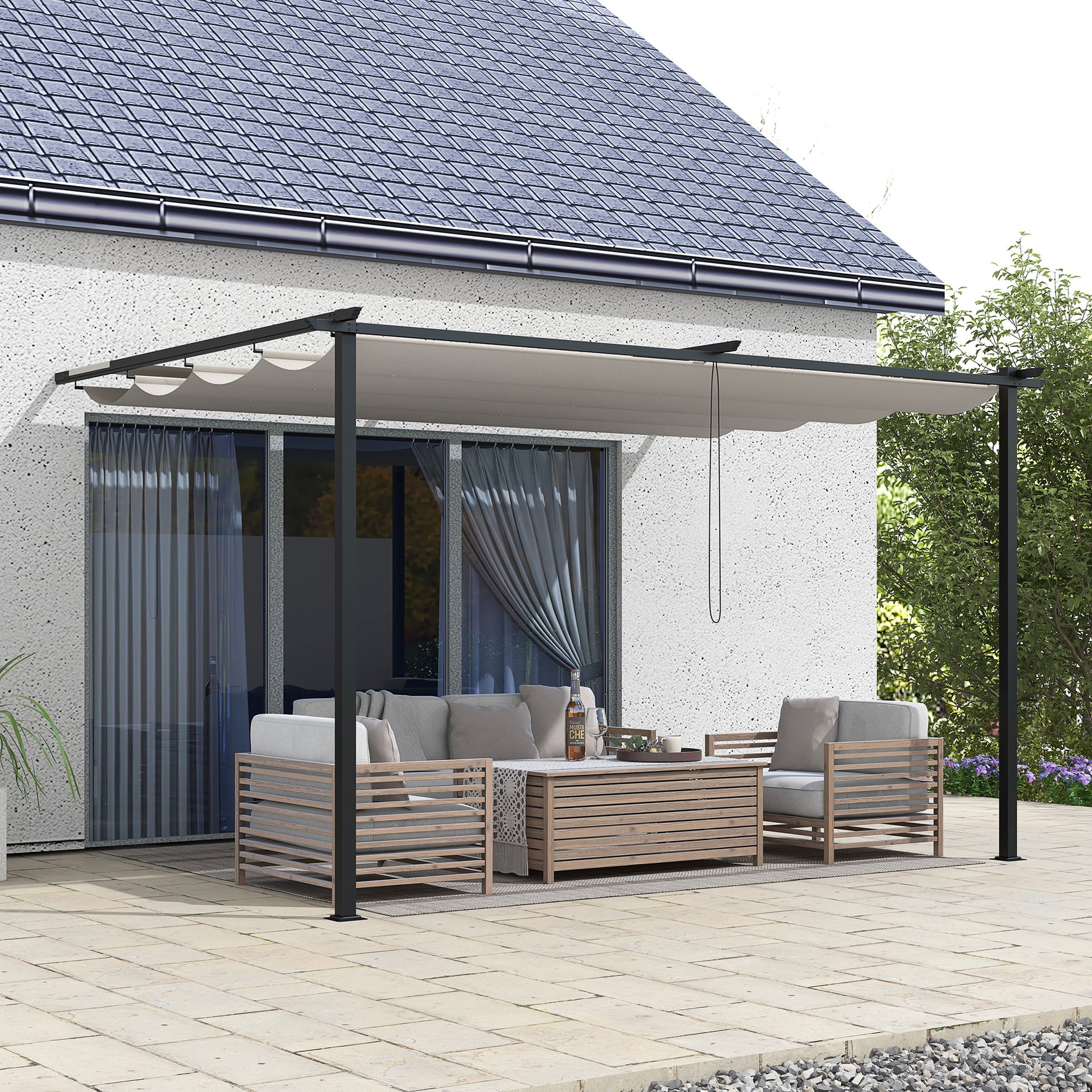Outsunny Pérgola de Pared de Jardín 4x3 m Gazebo Exterior Cenador con Techo Retráctil Tela de Poliéster y Marco de Acero para Patio Terraza Balcón Crema