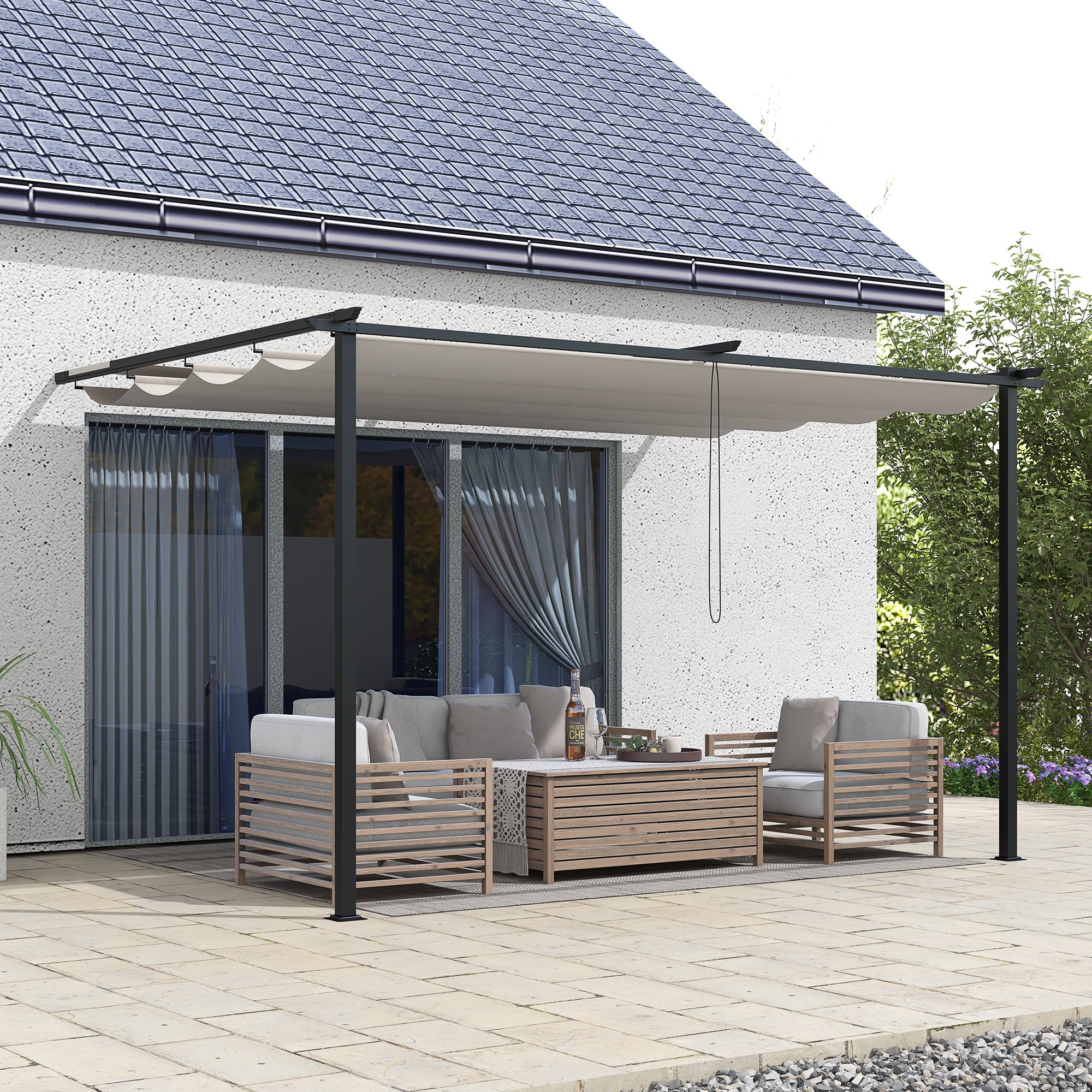 Outsunny Pérgola de Pared de Jardín 4x3 m Gazebo Exterior Cenador con Techo Retráctil Tela de Poliéster y Marco de Acero para Patio Terraza Balcón Crema