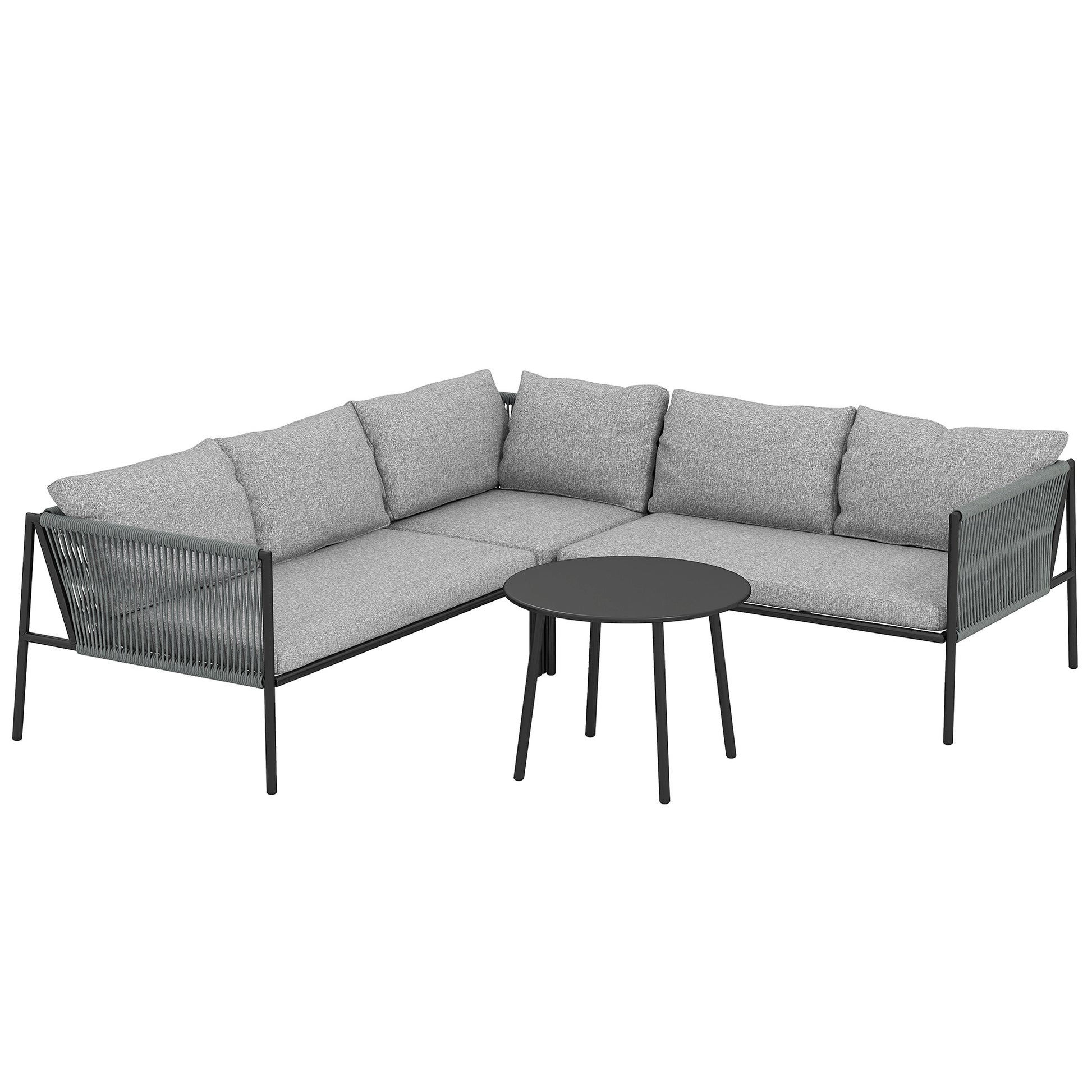 Outsunny Conjunto Jardín Exterior de Ratán con Cojines Conjunto Terraza Resistente a la Intemperie Muebles Jardín Exterior con 2 Sofás de 2 Plazas Sofá Esquina Mesa Redonda Gris Oscuro