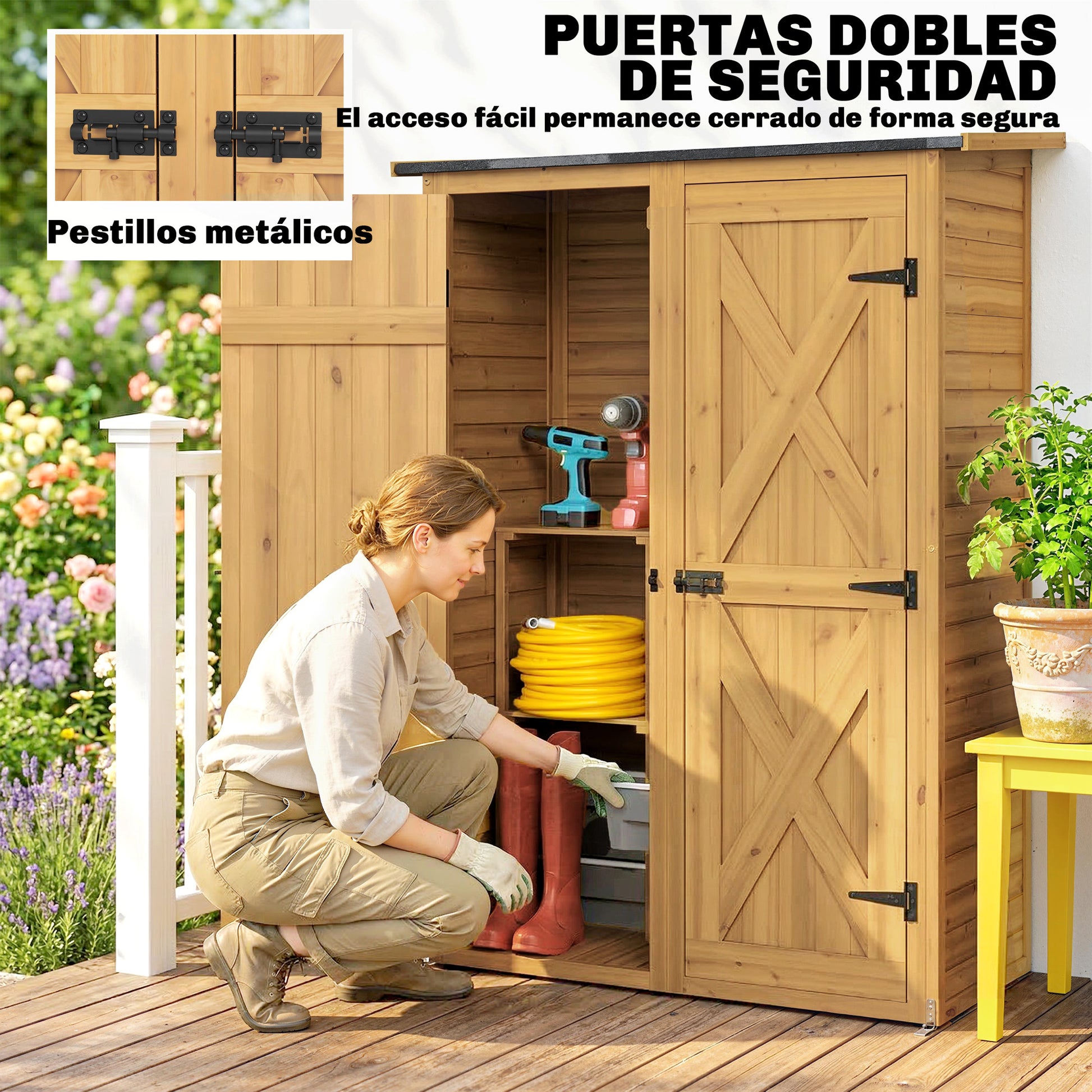 Outsunny Caseta de Jardín de Madera 115x53x156 cm Cobertizo Jardín Exterior Armario Exterior para Herramientas con Puertas Dobles con Pestillo 2 Estantes y Techo Inclinado Fijación con Estacas Marrón