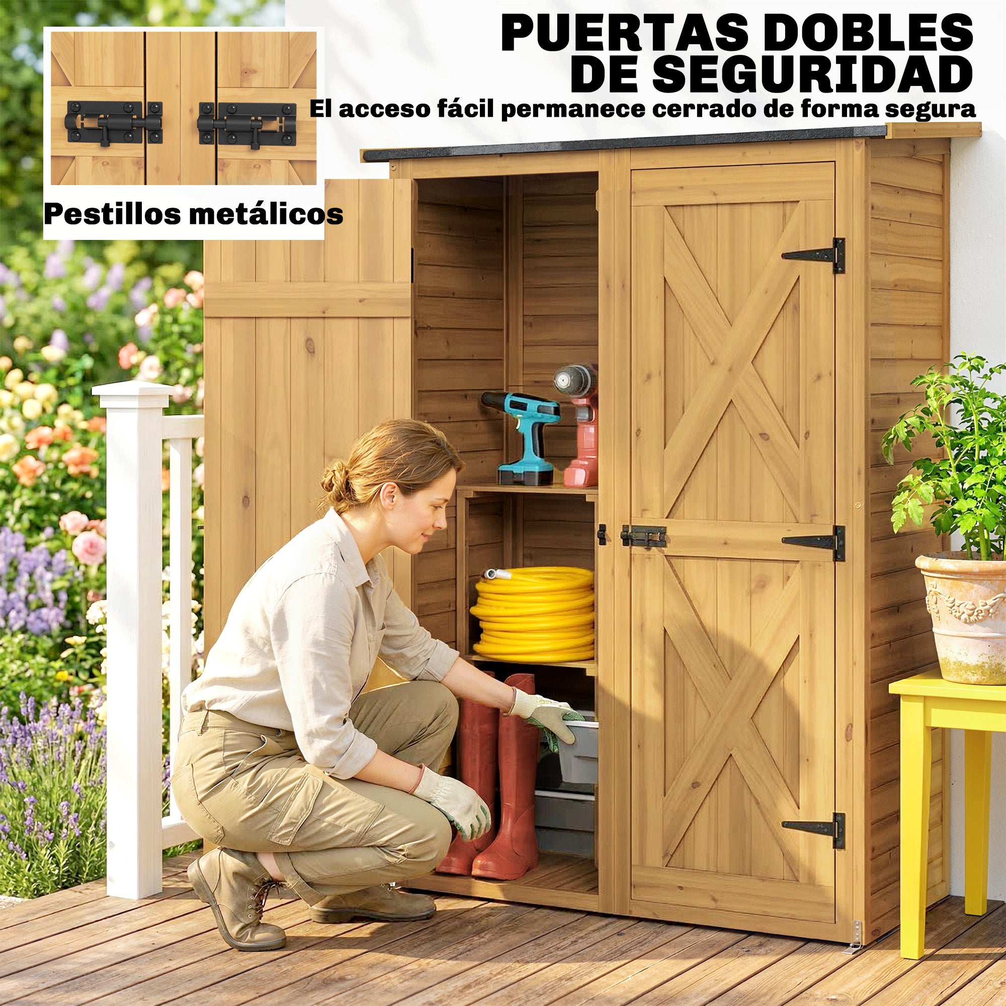 Outsunny Caseta de Jardín de Madera 115x53x156 cm Cobertizo Jardín Exterior Armario Exterior para Herramientas con Puertas Dobles con Pestillo 2 Estantes y Techo Inclinado Fijación con Estacas Marrón