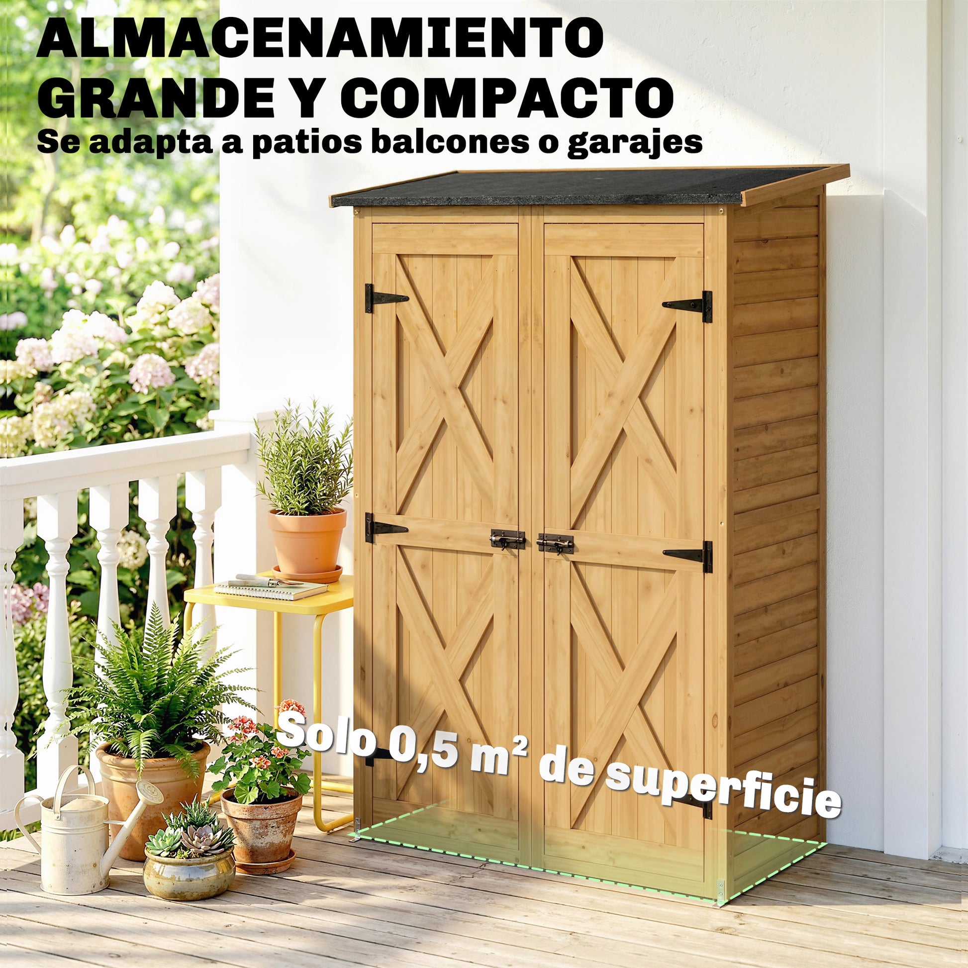 Outsunny Caseta de Jardín de Madera 115x53x156 cm Cobertizo Jardín Exterior Armario Exterior para Herramientas con Puertas Dobles con Pestillo 2 Estantes y Techo Inclinado Fijación con Estacas Marrón