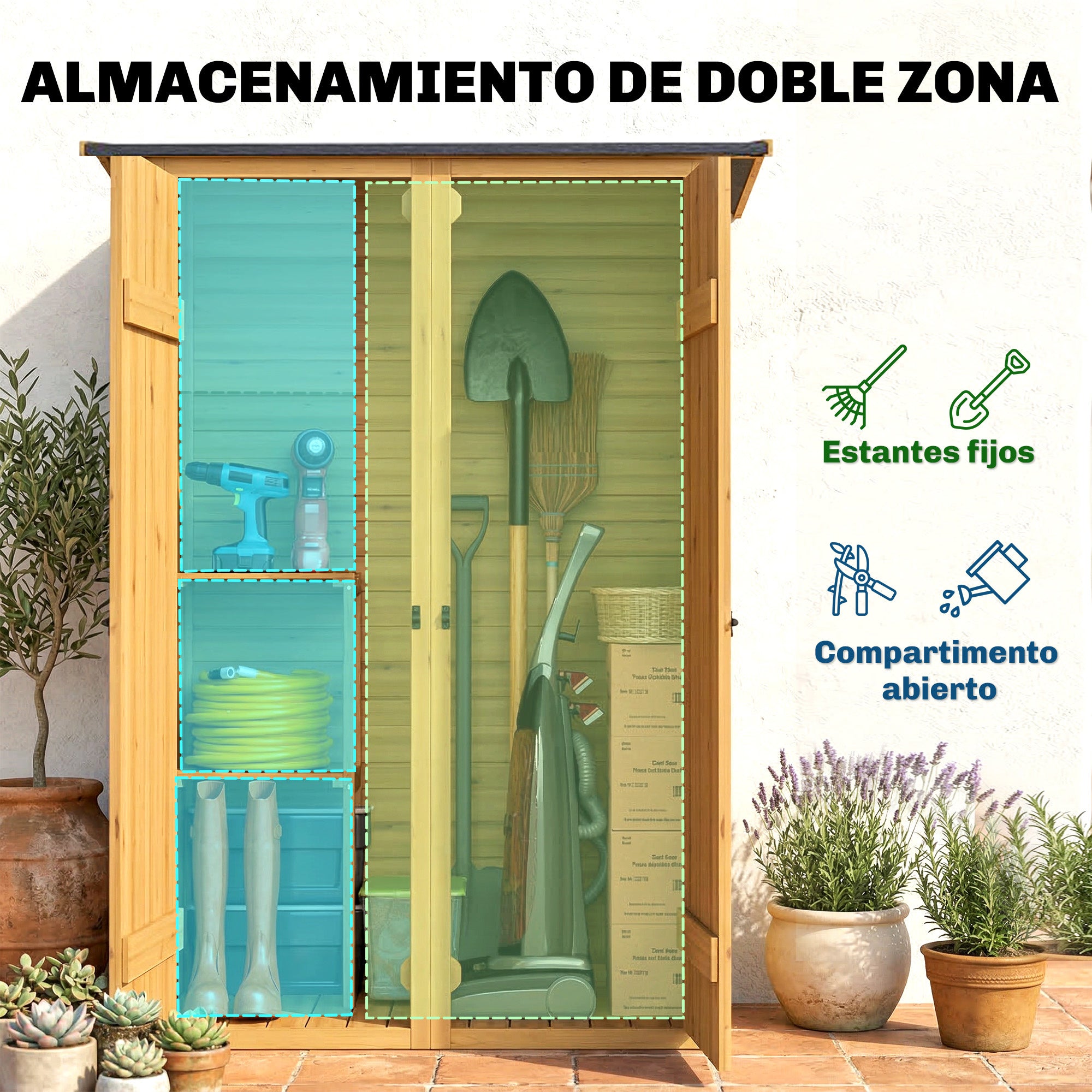 Outsunny Caseta de Jardín de Madera 115x53x156 cm Cobertizo Jardín Exterior Armario Exterior para Herramientas con Puertas Dobles con Pestillo 2 Estantes y Techo Inclinado Fijación con Estacas Marrón