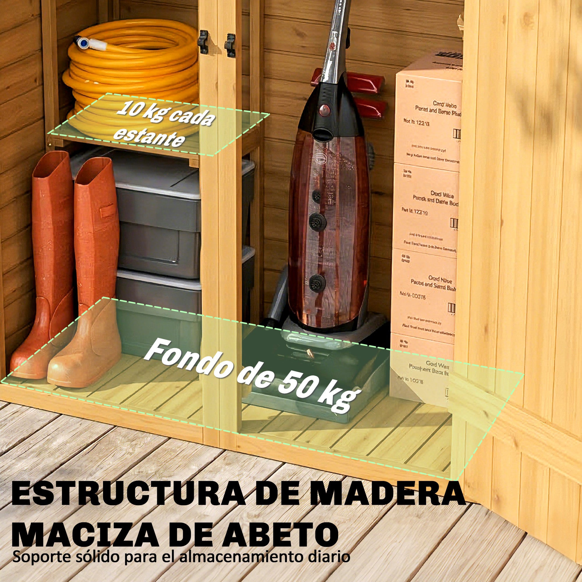 Outsunny Caseta de Jardín de Madera 115x53x156 cm Cobertizo Jardín Exterior Armario Exterior para Herramientas con Puertas Dobles con Pestillo 2 Estantes y Techo Inclinado Fijación con Estacas Marrón