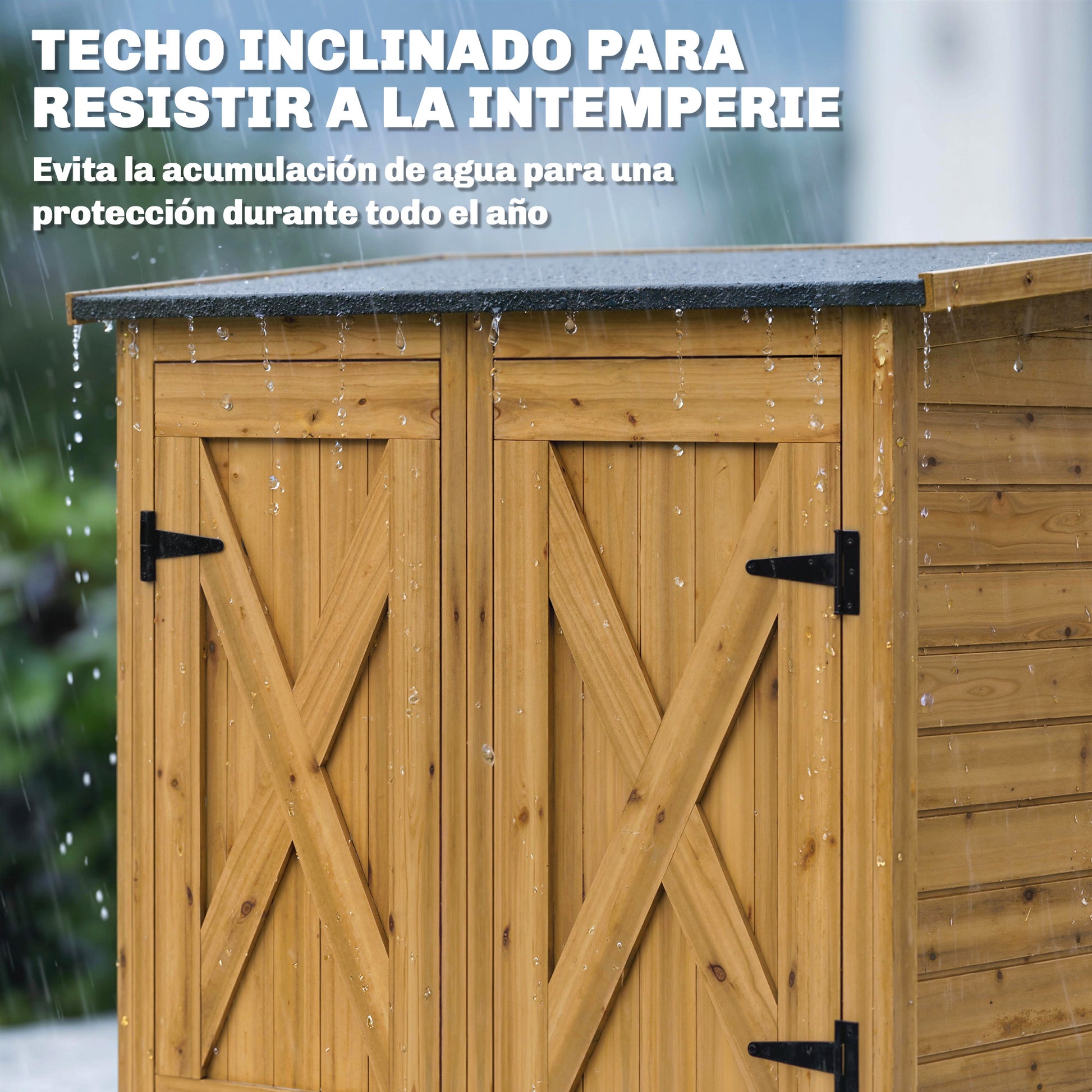 Outsunny Caseta de Jardín de Madera 115x53x156 cm Cobertizo Jardín Exterior Armario Exterior para Herramientas con Puertas Dobles con Pestillo 2 Estantes y Techo Inclinado Fijación con Estacas Marrón