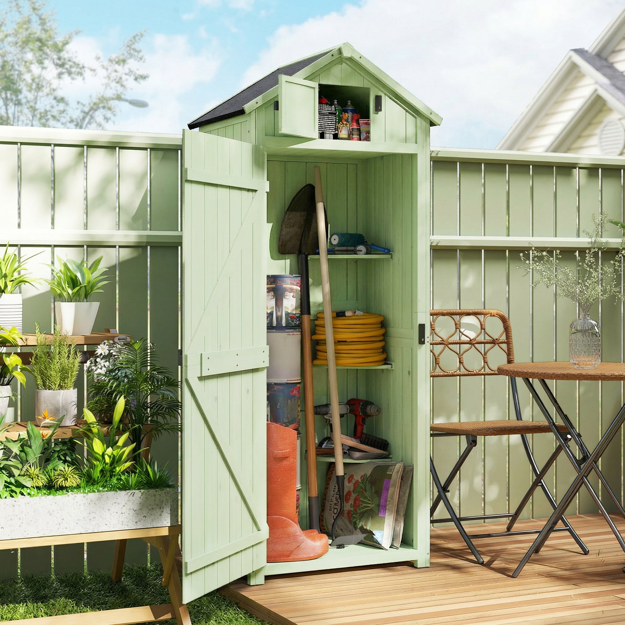 Outsunny Armario de Jardín de Madera 77x54,2x179 cm 0,3 m² Cobertizo para Almacenaje de Herramientas con 3 Estantes y 2 Puertas con Cerrojo para Patio Terraza Verde