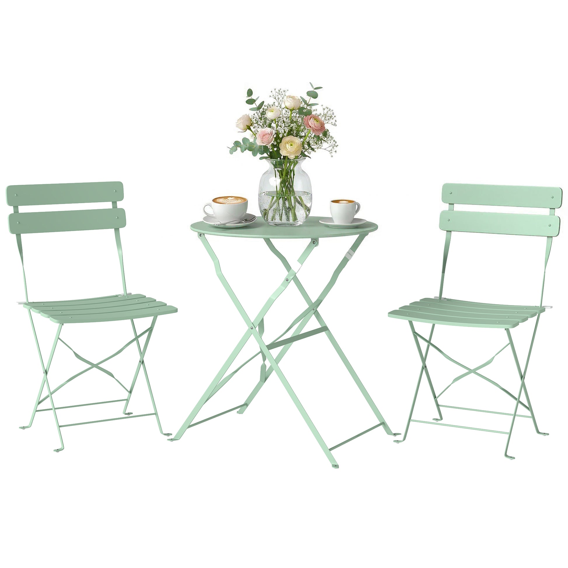 Outsunny Conjunto de Mesa y Sillas de Terraza Exterior Plegable 3 Piezas, Muebles de Jardín Exterior con 2 Sillas Plegables, Mesa Redonda, Estructura Metálica Electrofórica para Patio, Balcón, Verde